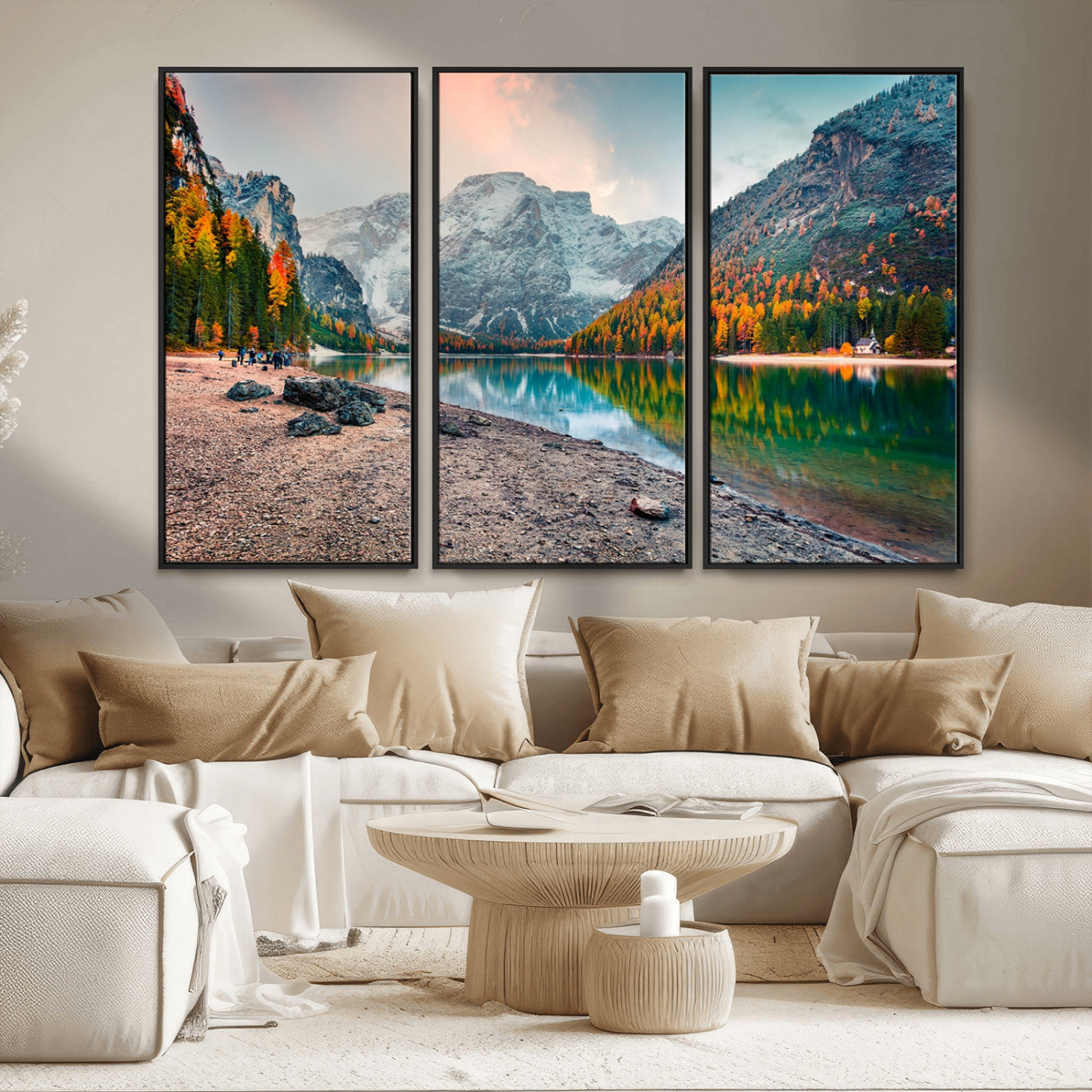 25982-MGV-FC-48X32-3P_Black-Autumn Mountain Lake Wall Art – Panoramic Fall Foliage and Snowy Peaks Canvas Print, Scenic Nature Decor for Living Room or Office