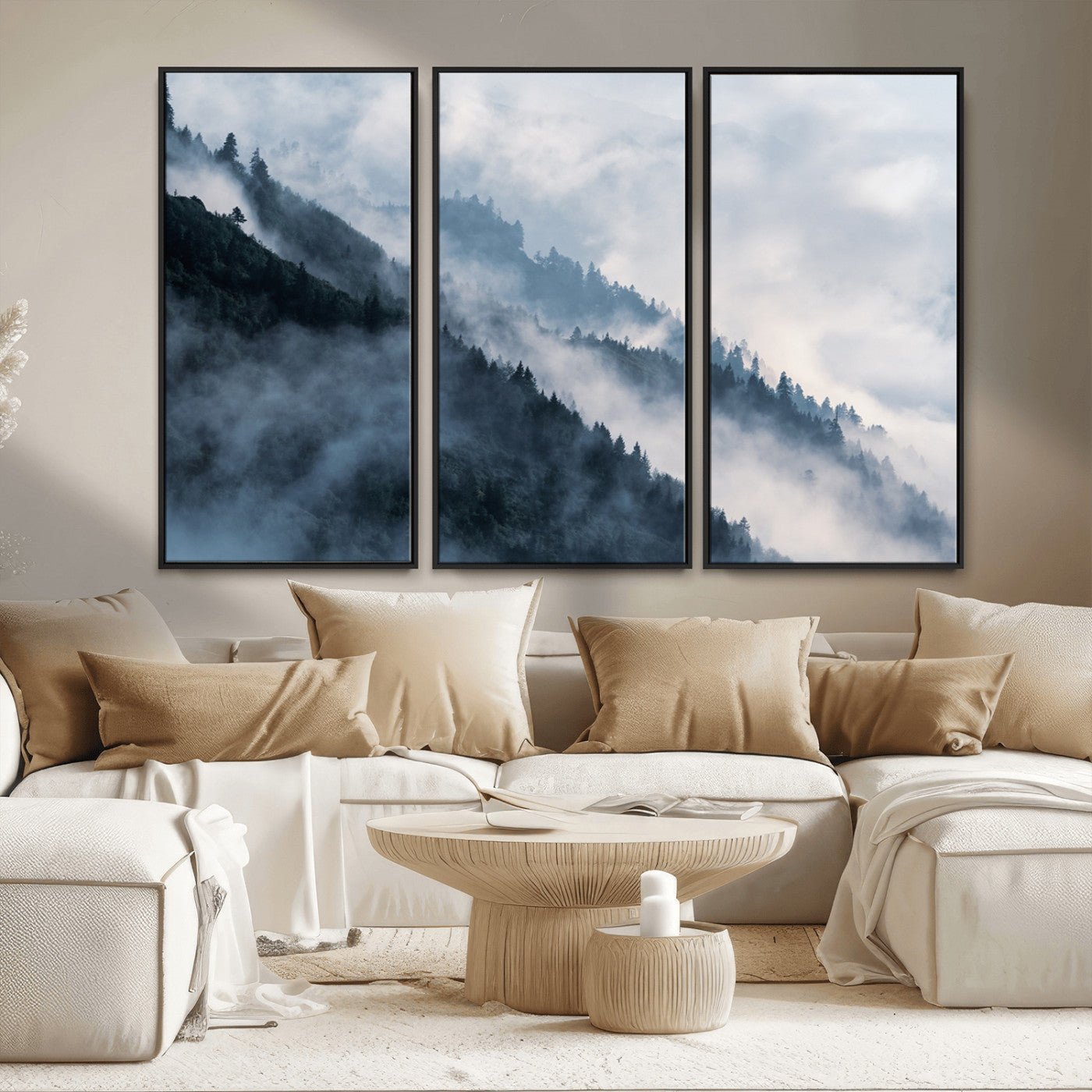 85737-MGV-FC-48X32-3P_Black-Misty Mountain Wall Art – Atmospheric Pine Forest Canvas Print with Fog and Mist, Calm Nature Decor for Living Room, Bedroom,