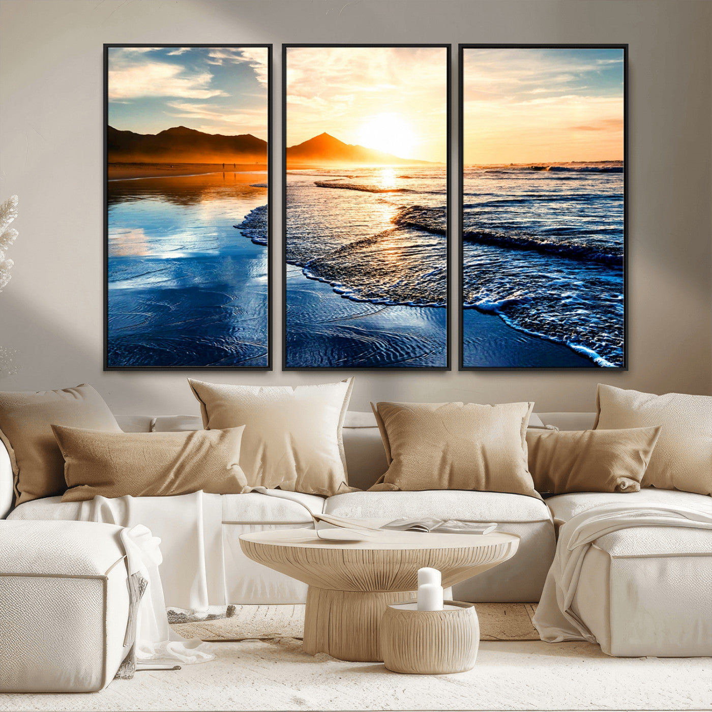 86173-MGV-FC-48X32-3P_Black-Golden Sunset Beach Wall Art – Reflective Ocean Canvas Print with Mountains and Waves, Coastal Nature Decor for Living Room,