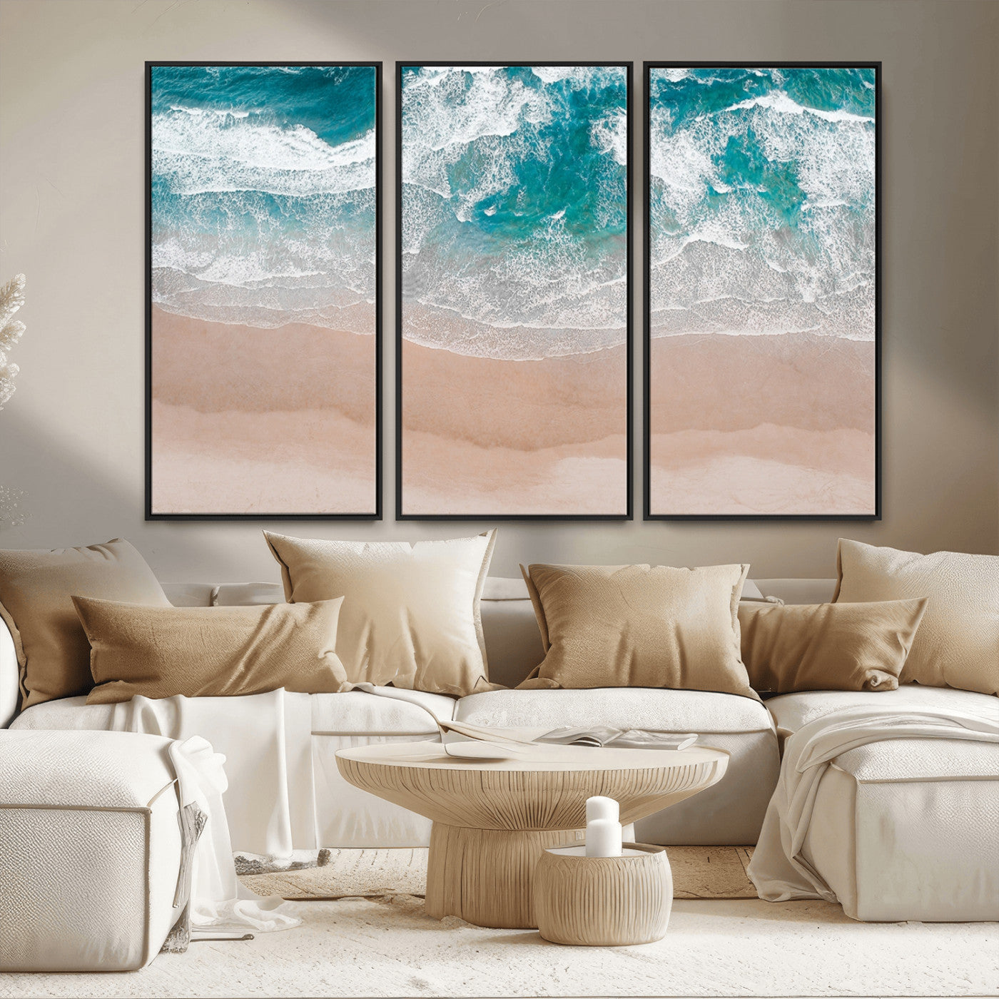 39236-MGV-FC-48X32-3P_Black-Ocean Beach Wall Art – Aerial View of Waves and Sand Canvas Print, Coastal Home Decor for Living Room, Bedroom, Office or Beach