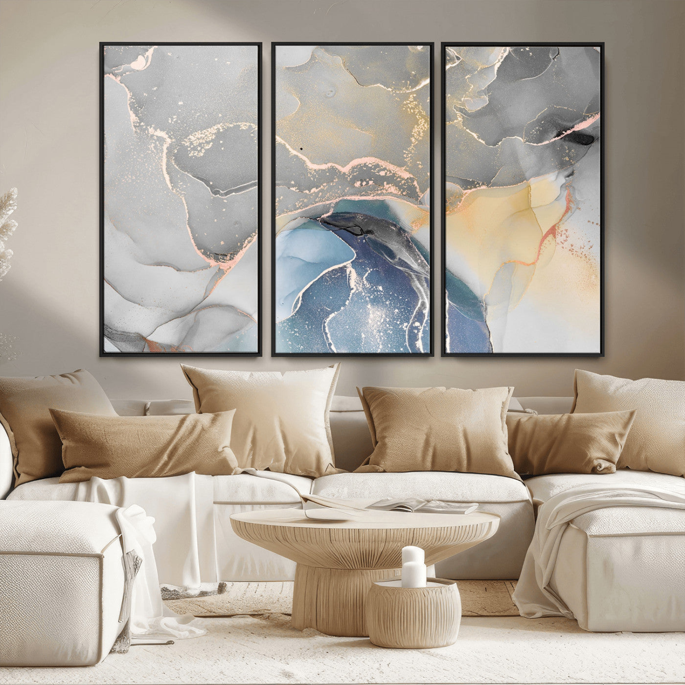 63211-MGV-CV-36X24-Abstract Fluid Art Wall Decor – Blue, Gray & Gold Canvas Print, Modern Home and Office Wall Art Decor for Living Room, Bedroom or