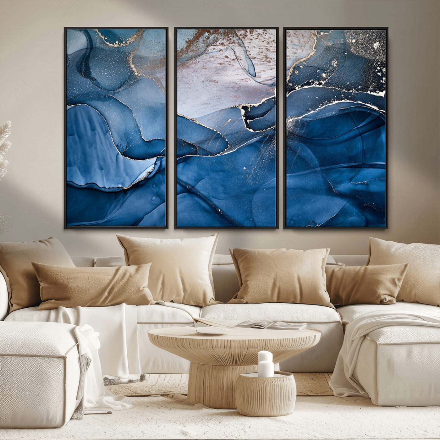 27810-MGV-CV-36X24-Abstract Blue Gold Fluid Art Wall – Modern Canvas Print, Elegant Home & Office Wall Art, Stylish Living Room or Bedroom Decor