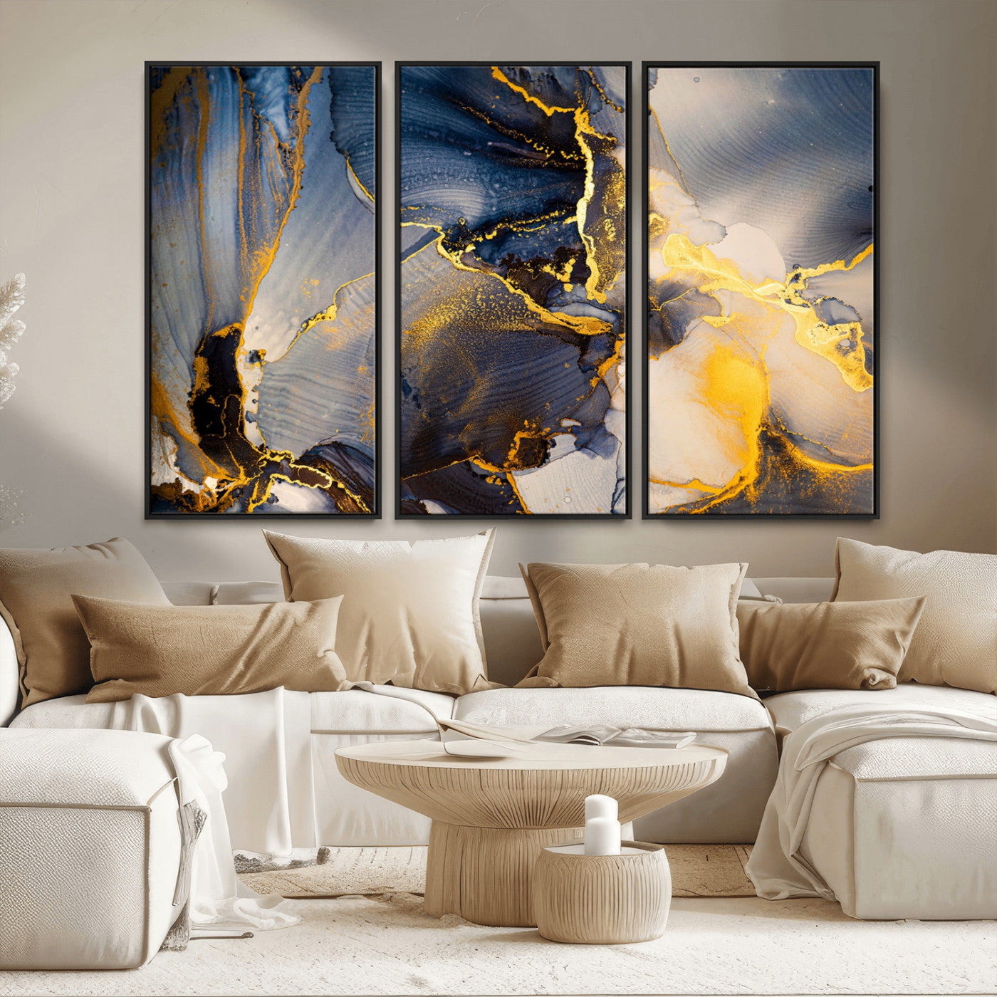 42100-MGV-CV-36X24-Golden Flow Abstract Wall Art – Panoramic Modern Blue and Gold Canvas Print, Contemporary Artistic Decor for Home, Office