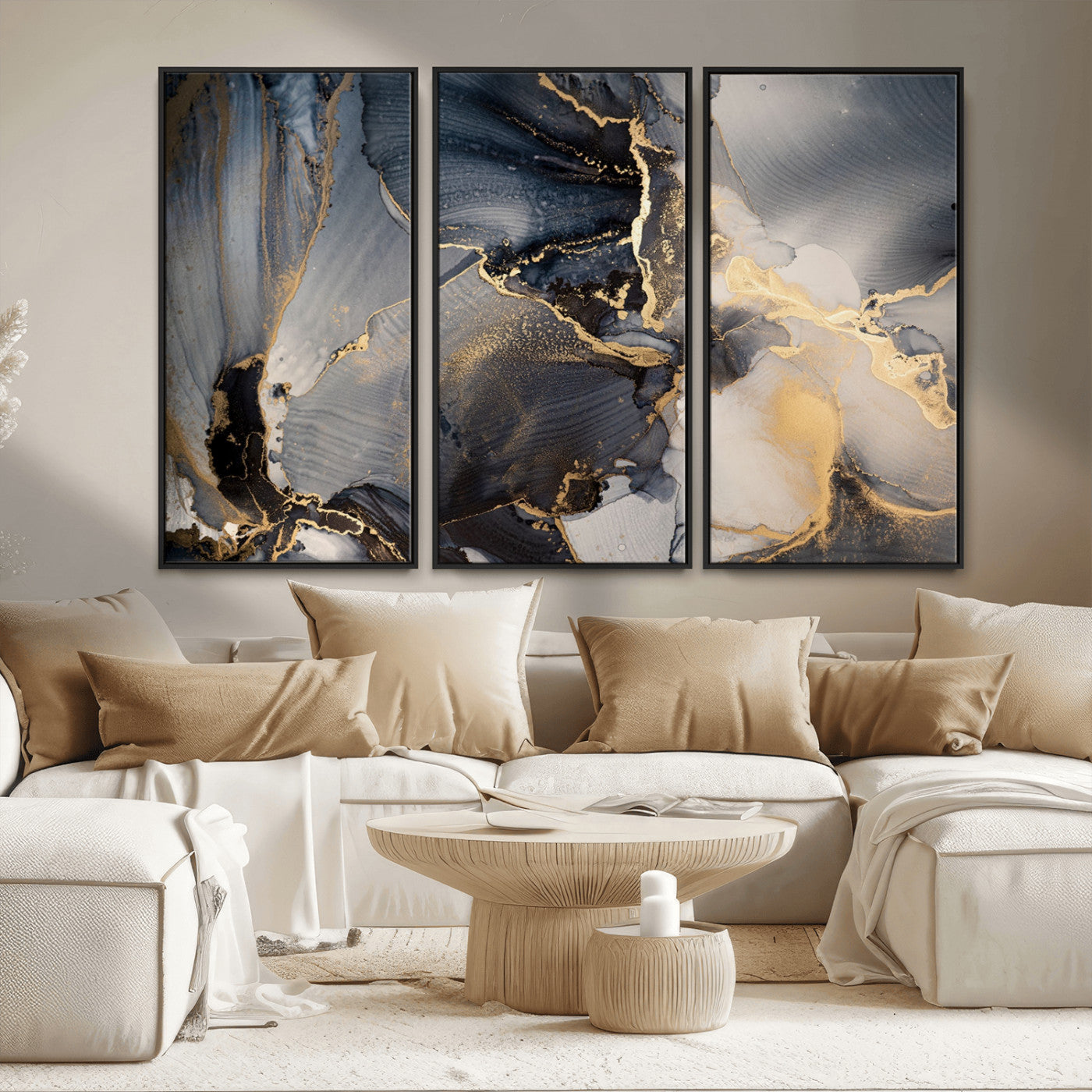 24068-MGV-FC-48X32-3P_Black-Luxury Abstract Wall Art – Gold & Gray Fluid Ink Painting Canvas, Modern Metallic Home Decor, Elegant Office or Living Room Accent