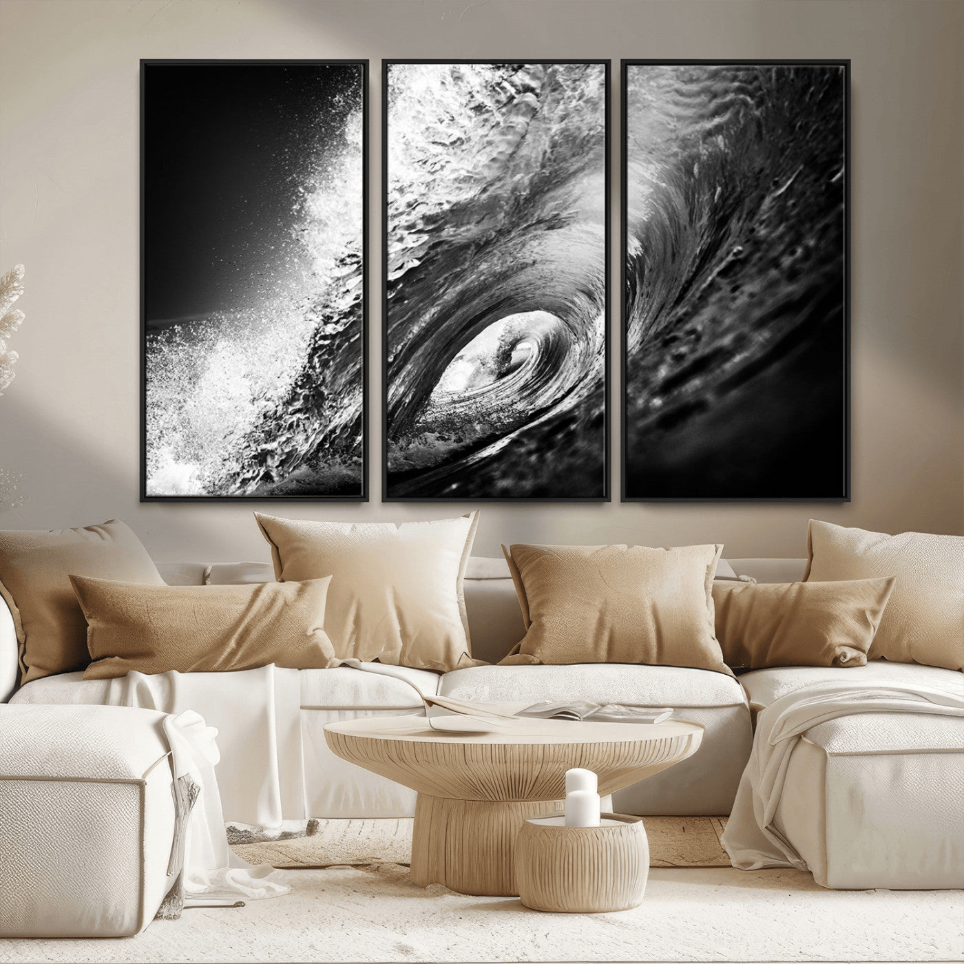 22702-MGV-CV-36X24-Black and White Ocean Wave Wall Art – Powerful Surf Curl Photography Canvas Print, Modern Coastal Decor for Living Room, Office or