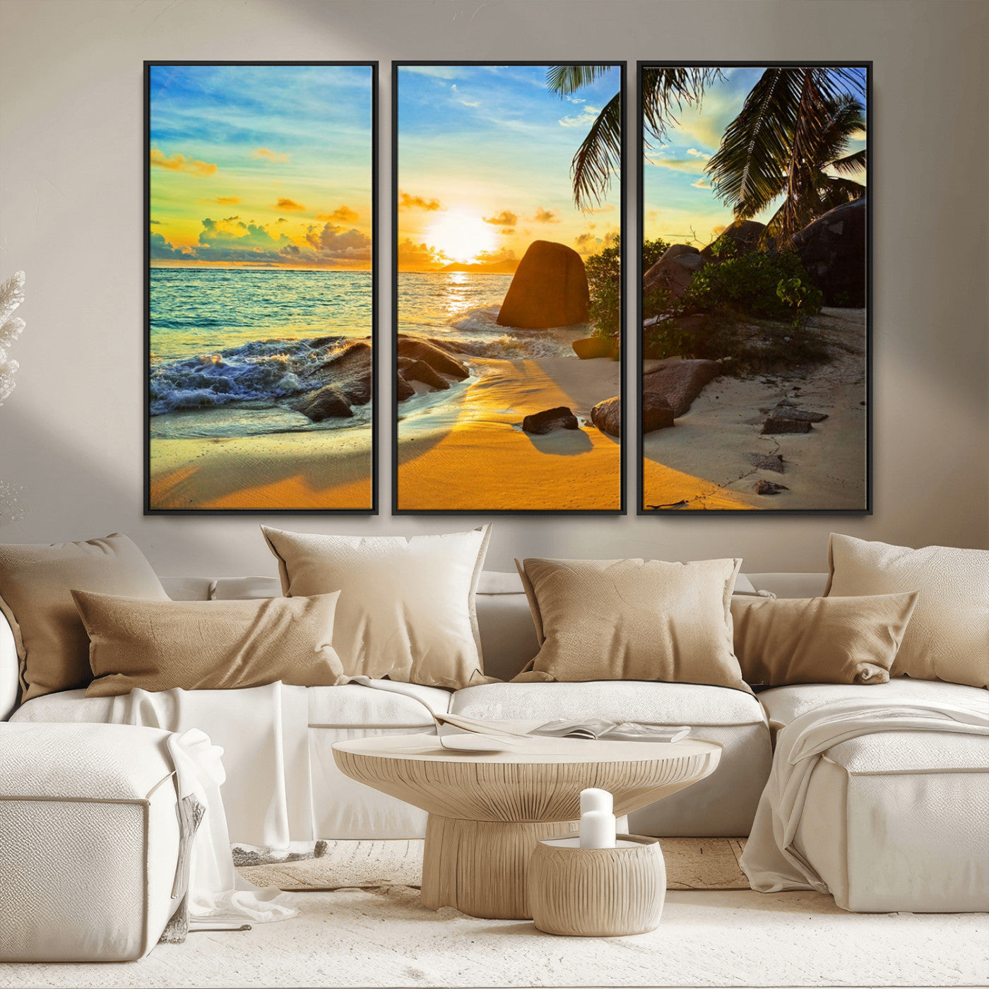 26181-MGV-CV-36X24-Golden Tropical Sunset Beach Wall Art – Ocean Canvas Print with Palm Trees and Rocks, Coastal Paradise Decor for Living Room or