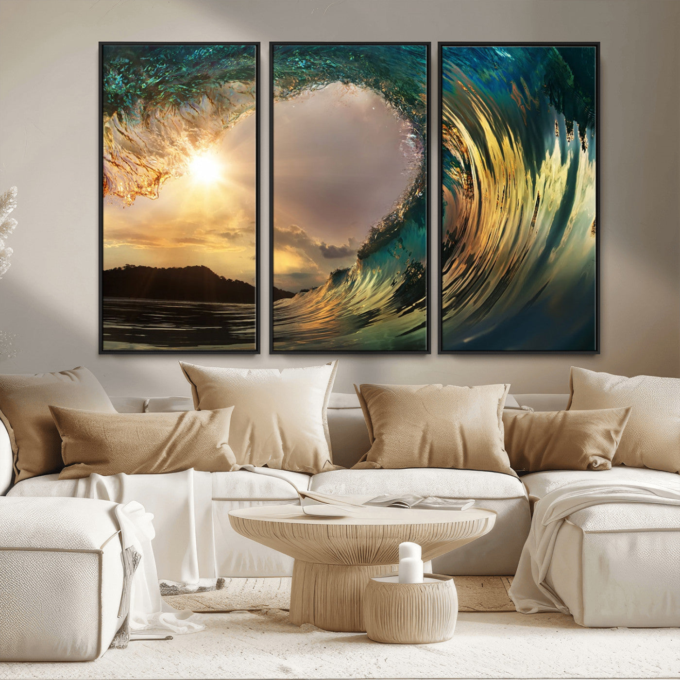 38256-MGV-CV-36X24-Ocean Wave Wall Art – Stunning Sunrise Through Curling Wave Canvas Print, Coastal Surf Photography Seascape Decor for Living Room,