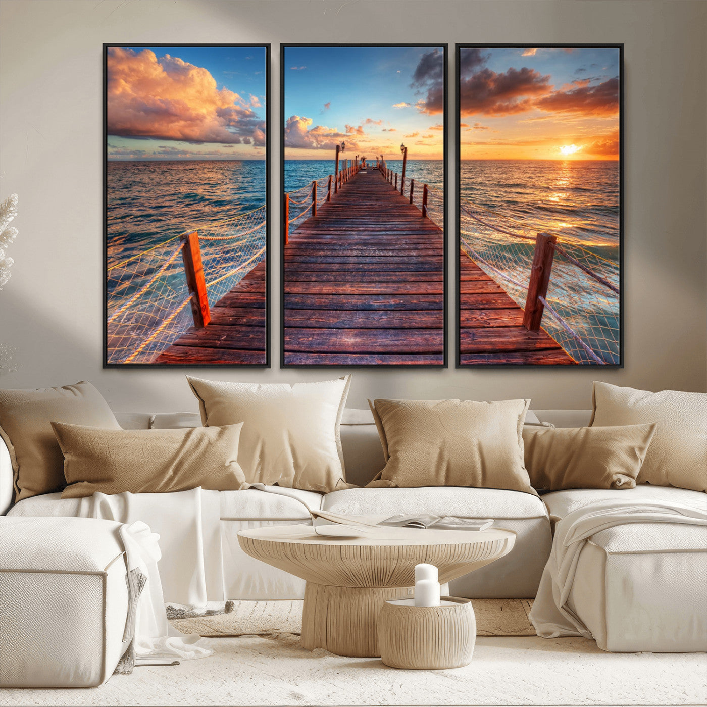 28836-MGV-CV-36X24-Ocean Pier Sunset Wall Art – Wooden Dock and Golden Horizon Canvas Print, Coastal Seascape Photography for Living Room, Bedroom,