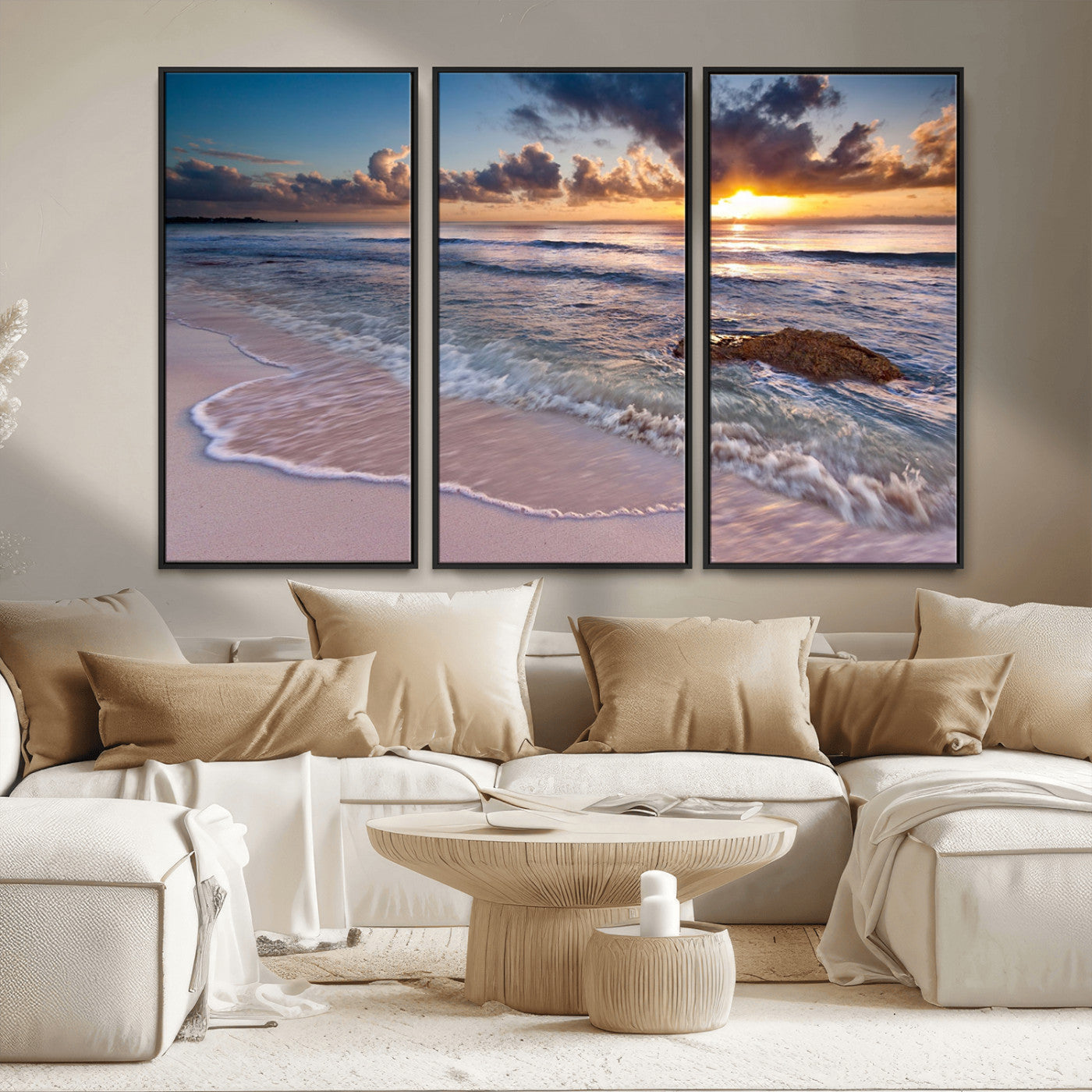 94906-MGV-CV-36X24-Sunrise Beach Wall Art – Panoramic Ocean Waves Canvas Print, Coastal Sunset Seascape Artwork for Living Room, Bedroom, or Office