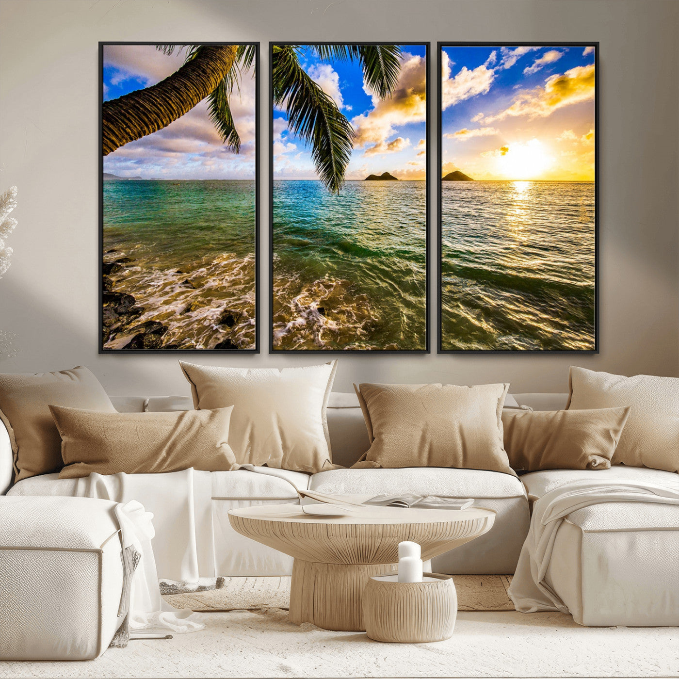 68606-MGV-CV-36X24-Tropical Palm Tree Ocean Wall Art – Sunset Beach Seascape Print, Coastal Paradise Decor for Living Room or Office