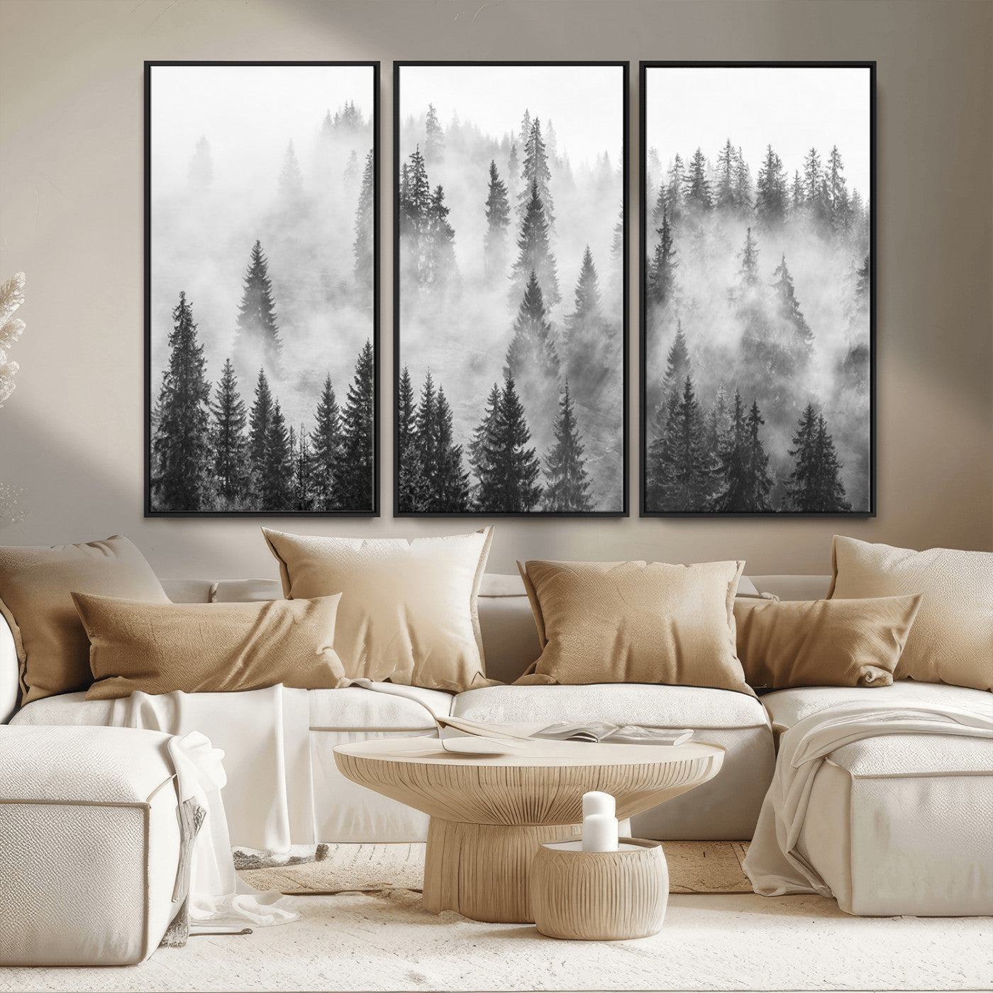 10422-MGV-CV-36X24-Misty Pine Forest Wall Art – Black and White Foggy Landscape Canvas Print, Serene Nature Woodland Decor for Bedroom, Office or