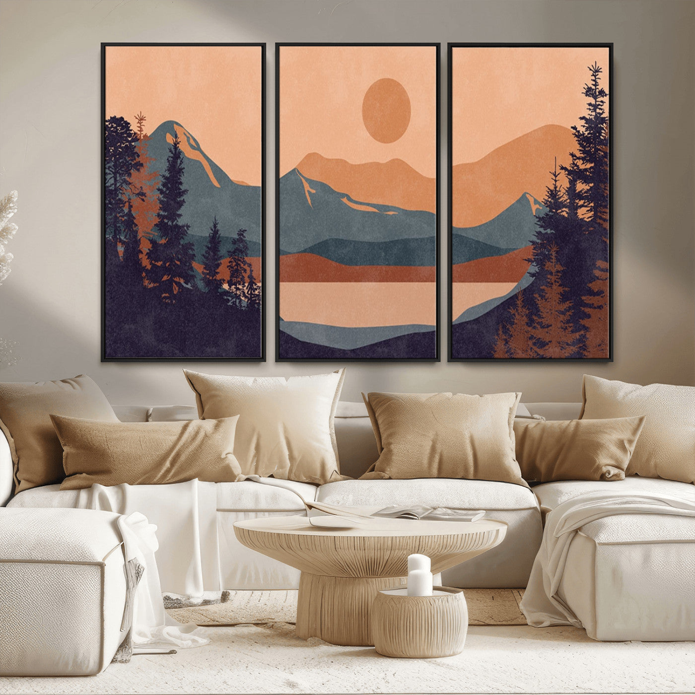 62795-MGV-CV-36X24-Minimalist Mountain Landscape Wall Art – Abstract Sunset Over Peaks and Pine Trees Canvas Print, Modern Nature Decor for Living