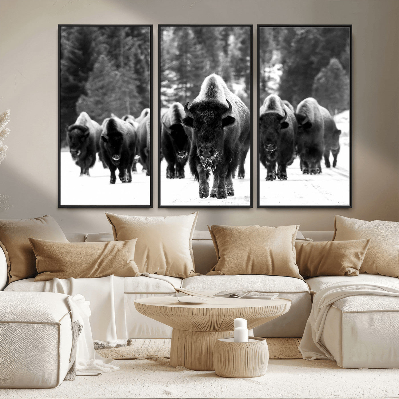62434-MGV-FC-48X32-3P_Black-Bison Herd Wall Art – Majestic Black and White Buffalo Canvas Print, Wildlife Nature Photography Decor for Living Room, Office or