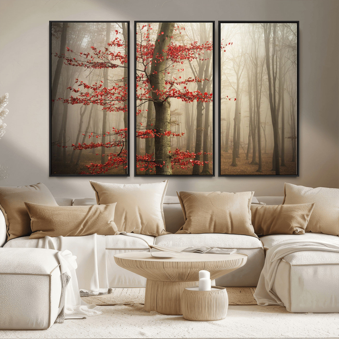 61855-MGV-CV-36X24-Misty Forest Wall Art – Red Tree with Autumn Leaves Canvas Print, Moody Woodland Nature Decor for Living Room, Bedroom, or Office