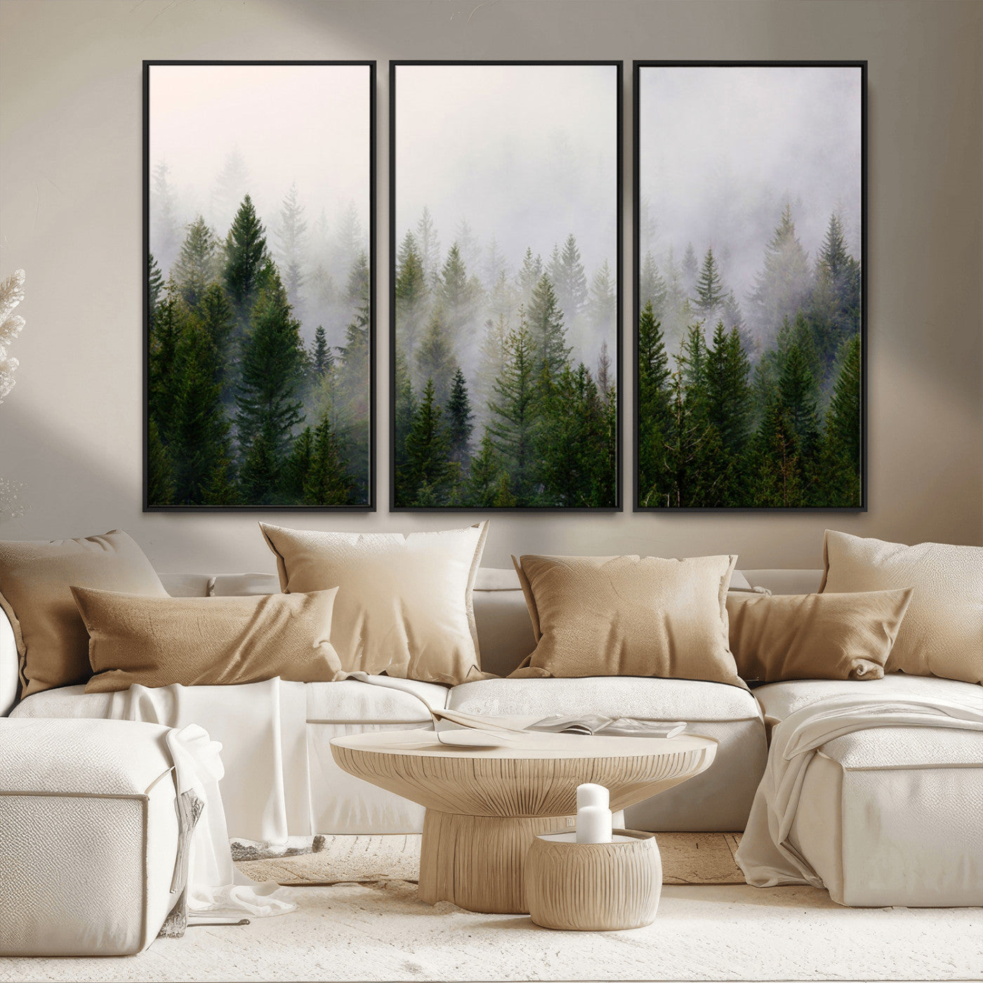 11436-MGV-CV-36X24-Misty Forest Wall Art – Tranquil Evergreen Tree Canvas Print with Foggy Landscape, Nature Inspired Artwork for Bedroom, Living