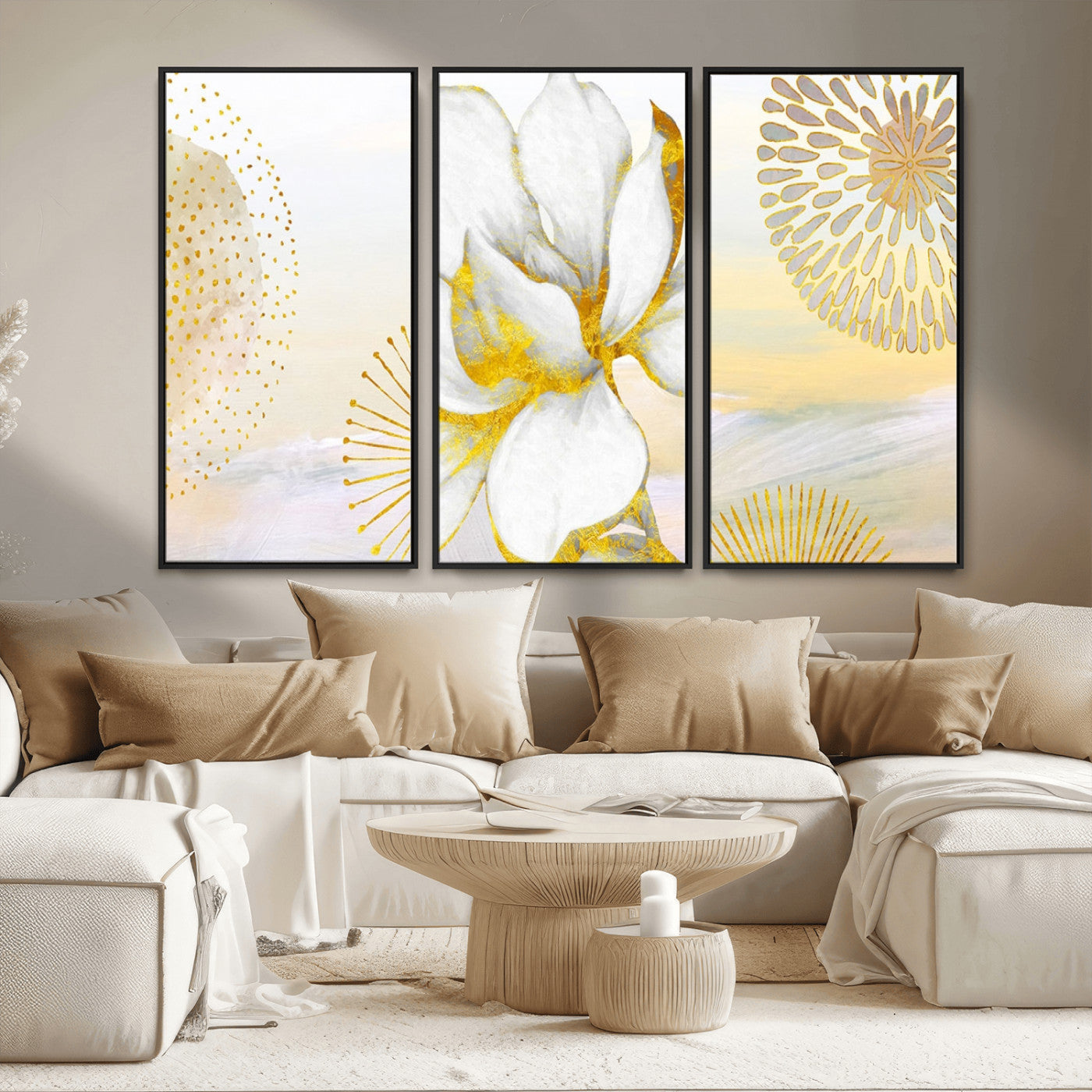 82301-MGV-FC-48X32-3P_Black-Modern Floral Wall Art – White Flower with Gold Detailing Canvas Print, Elegant Abstract Artwork for Living Room, Bedroom, or