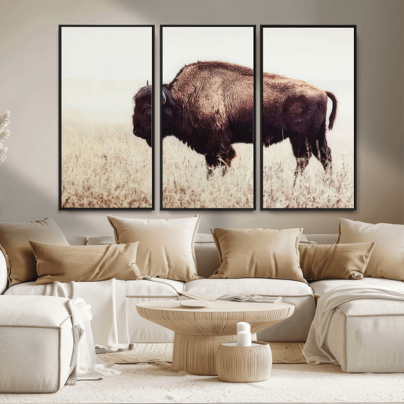 48406-MGV-CV-36X24-American Bison Wall Art – Rustic Buffalo Canvas Print in Prairie Field, Western Wildlife Photography Decor for Cabin, Lodge,
