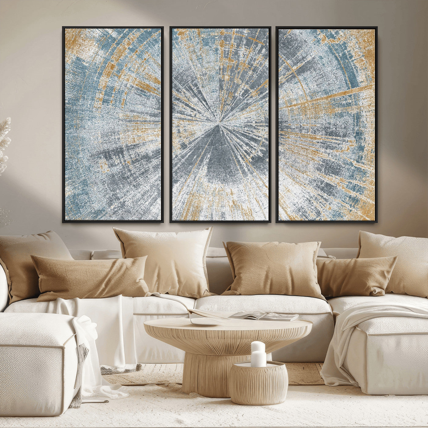 17631-MGV-CV-36X24-Radiant Burst Wall Art – Abstract Sunburst Canvas Print in Blue and Gold, Modern Geometric Painting for Living Room, Office or