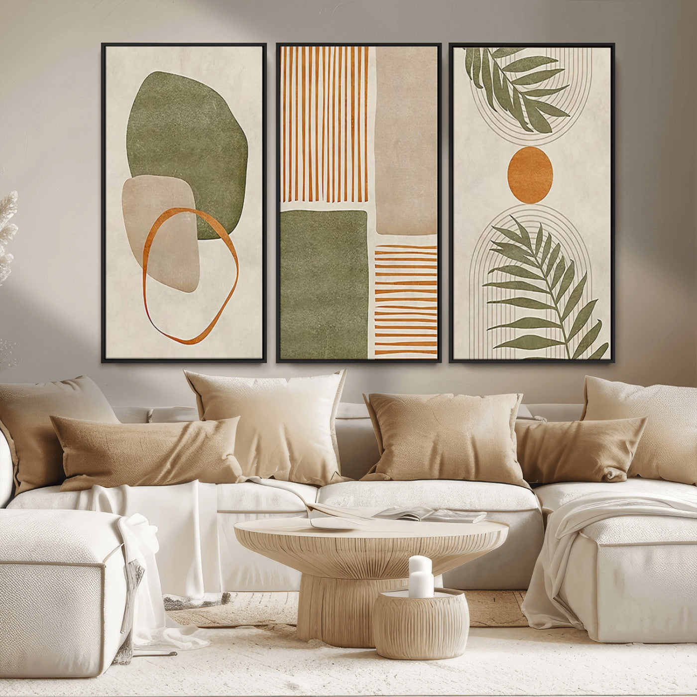 96002-MGV-FC-48X32-3P_Black-Abstract Geometric Wall Art – Modern Canvas Print with Green, Orange & Beige Shapes, Minimalist Home Decor for Living Room, Office