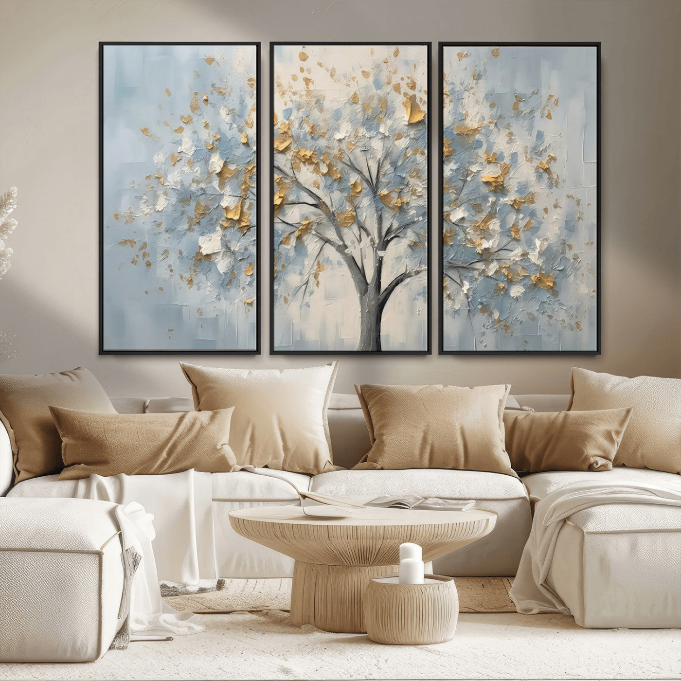 65811-MGV-CV-36X24-Abstract Tree Wall Art – Textured Canvas Painting with Gold and White Leaves, Modern Nature Inspired Decor for Living Room or