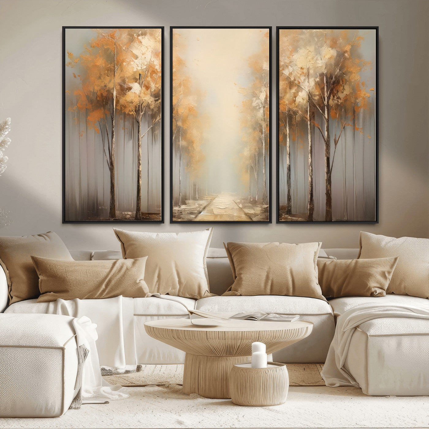 95004-MGV-FC-48X32-3P_Black-Autumn Forest Path Wall Art – Hand Painted Canvas Print with Golden Trees, Modern Nature Landscape Decor for Living Room, Bedroom