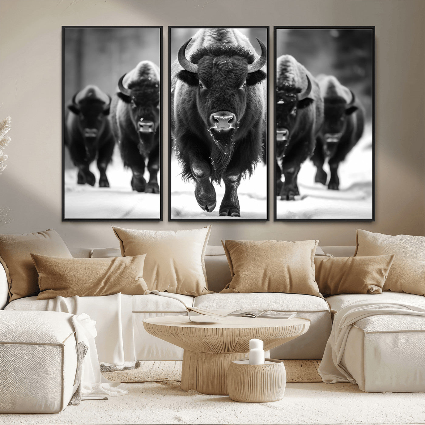 79872-MGV-CV-36X24-Bison Herd Wall Art – Black and White Buffalo on Snow Canvas Print, Rustic Wildlife Decor for Lodge, Cabin, or Living Room