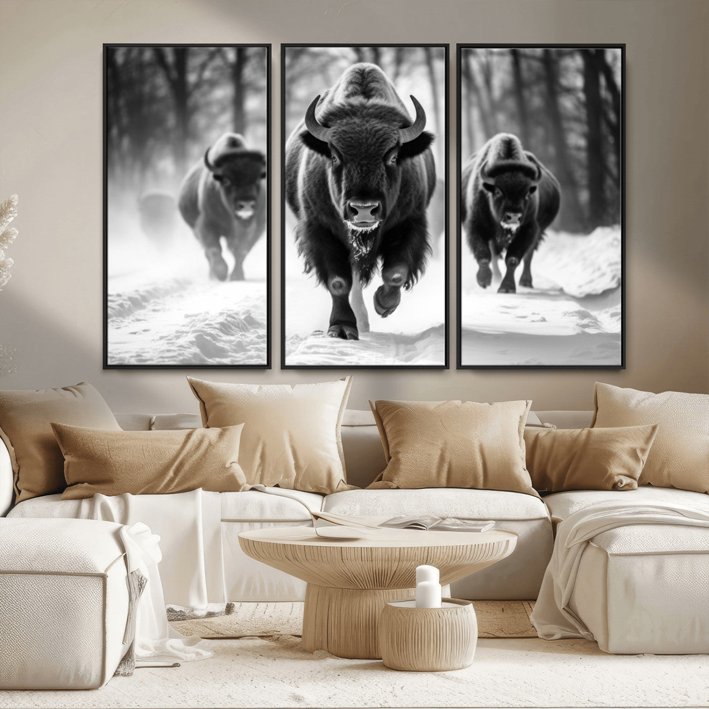 97552-MGV-CV-36X24-Black and White Bison Wall Art – Buffalo Herd Running in Snow Canvas Print, Rustic Wildlife Photography Decor for Cabin, Lodge, or
