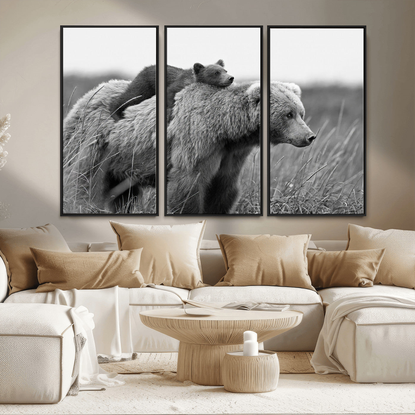 76338-MGV-CV-36X24-Mother Bear and Cub Wall Art – Black and White Wildlife Canvas Print, Rustic Nature Photography for Cabin, Living Room or Office