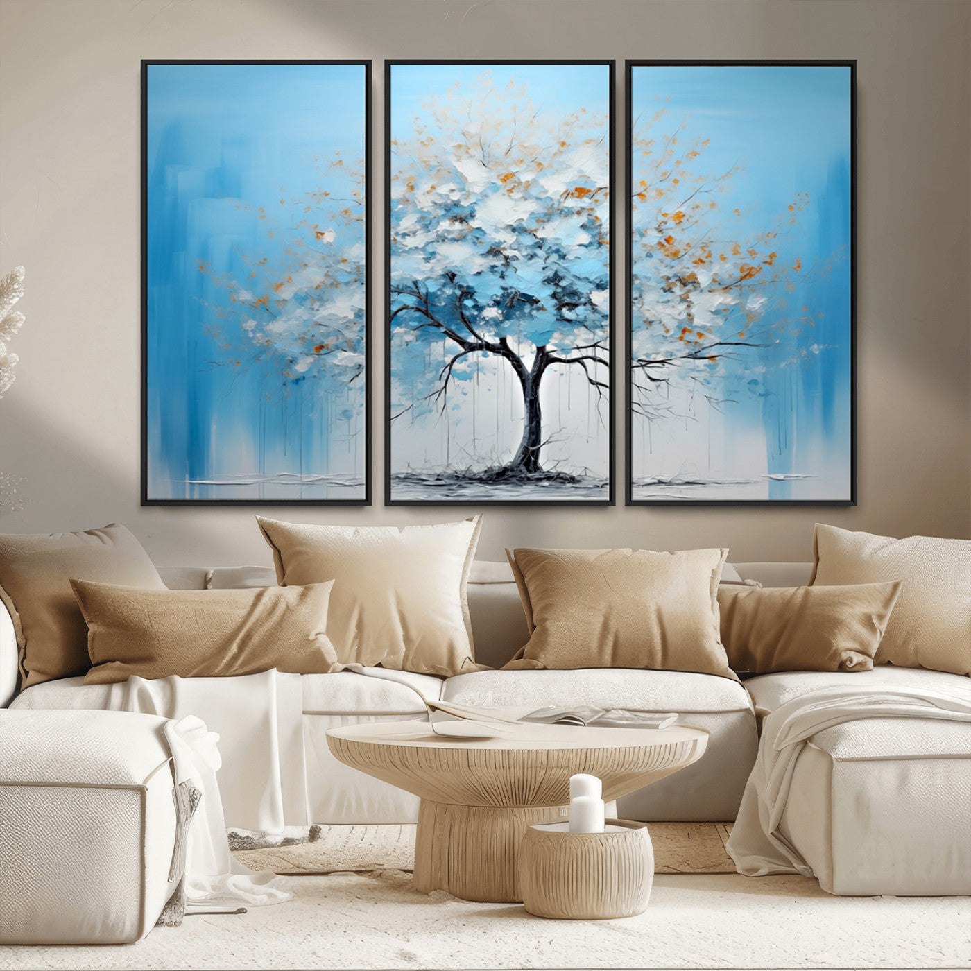 25021-MGV-FC-48X32-3P_Black-Abstract Tree Wall Art – Blue and White Canvas Painting with Gold Accents, Modern Nature-Inspired Artwork for Living Room, Bedroom