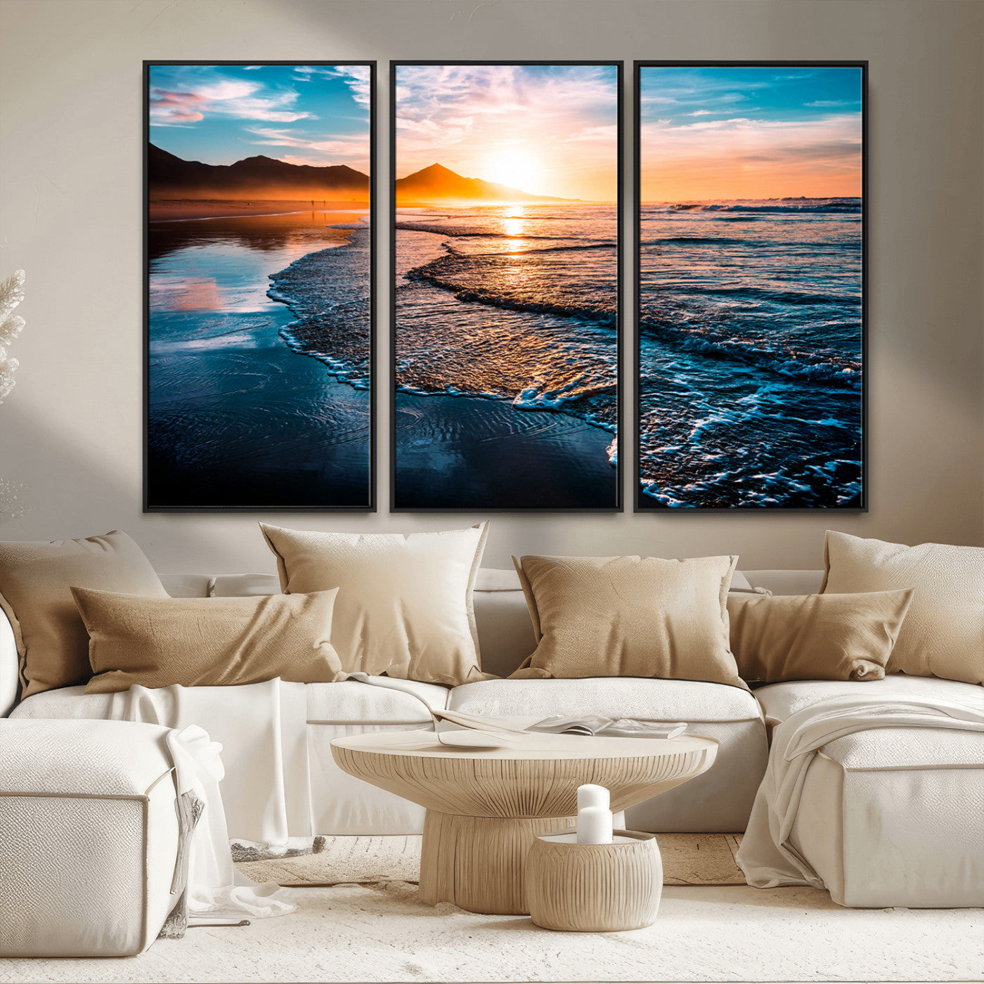26494-MGV-FC-48X32-3P_Black-Ocean Sunset Wall Art – Scenic Beach Canvas Print with Waves and Mountains, Coastal Seascape Photography for Living Room, Bedroom