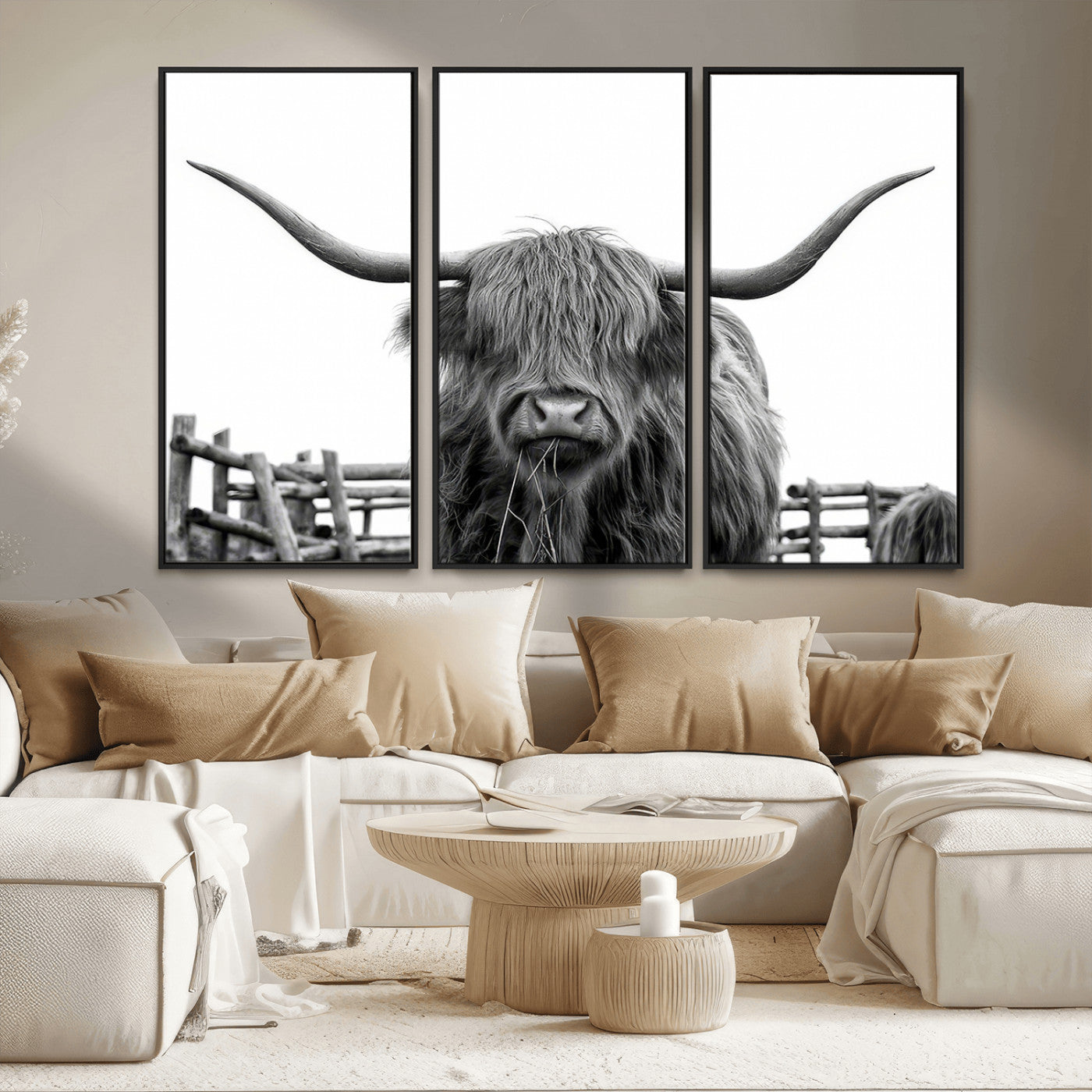 58188-MGV-FC-48X32-3P_Black-Highland Cow Wall Art – Black and White Rustic Farmhouse Canvas Print, Longhorn Cattle Photography Decor for Living Room or