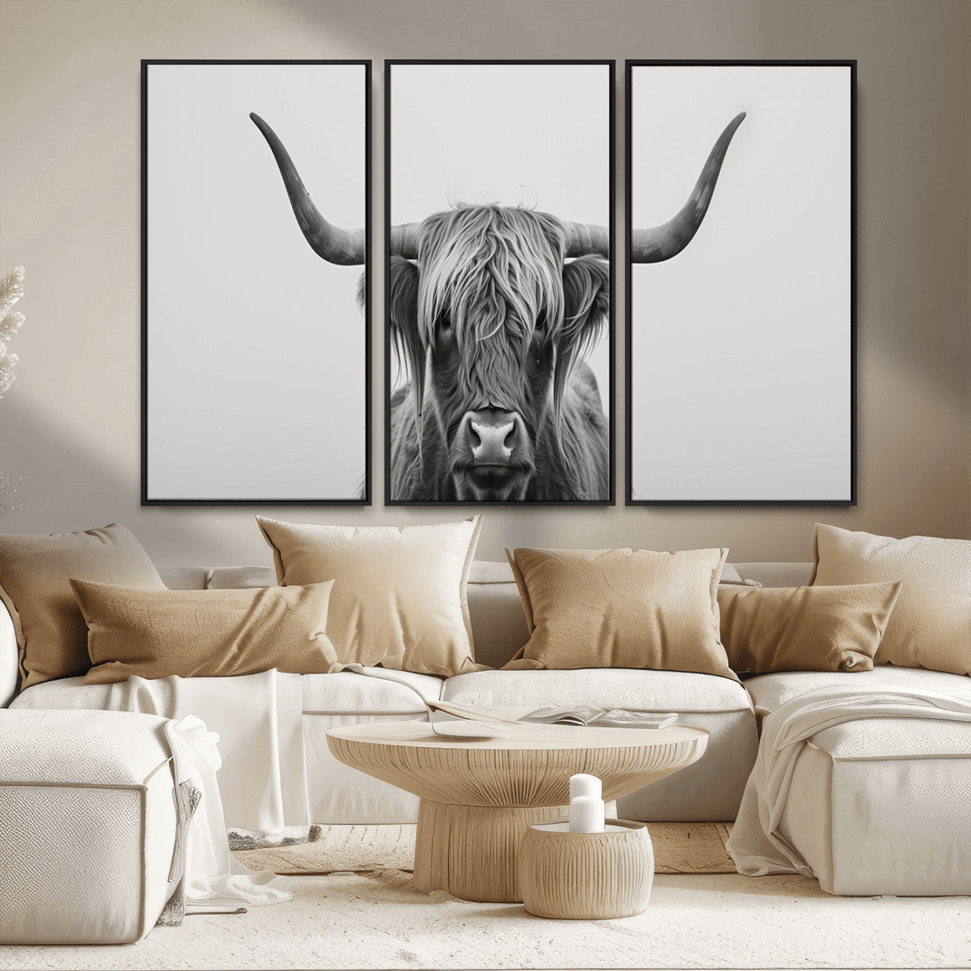 35820-MGV-FC-48X32-3P_Black-Minimalist Highland Cow Wall Art – Black and White Longhorn Cattle Canvas Print, Modern Farmhouse Animal Photography Decor for