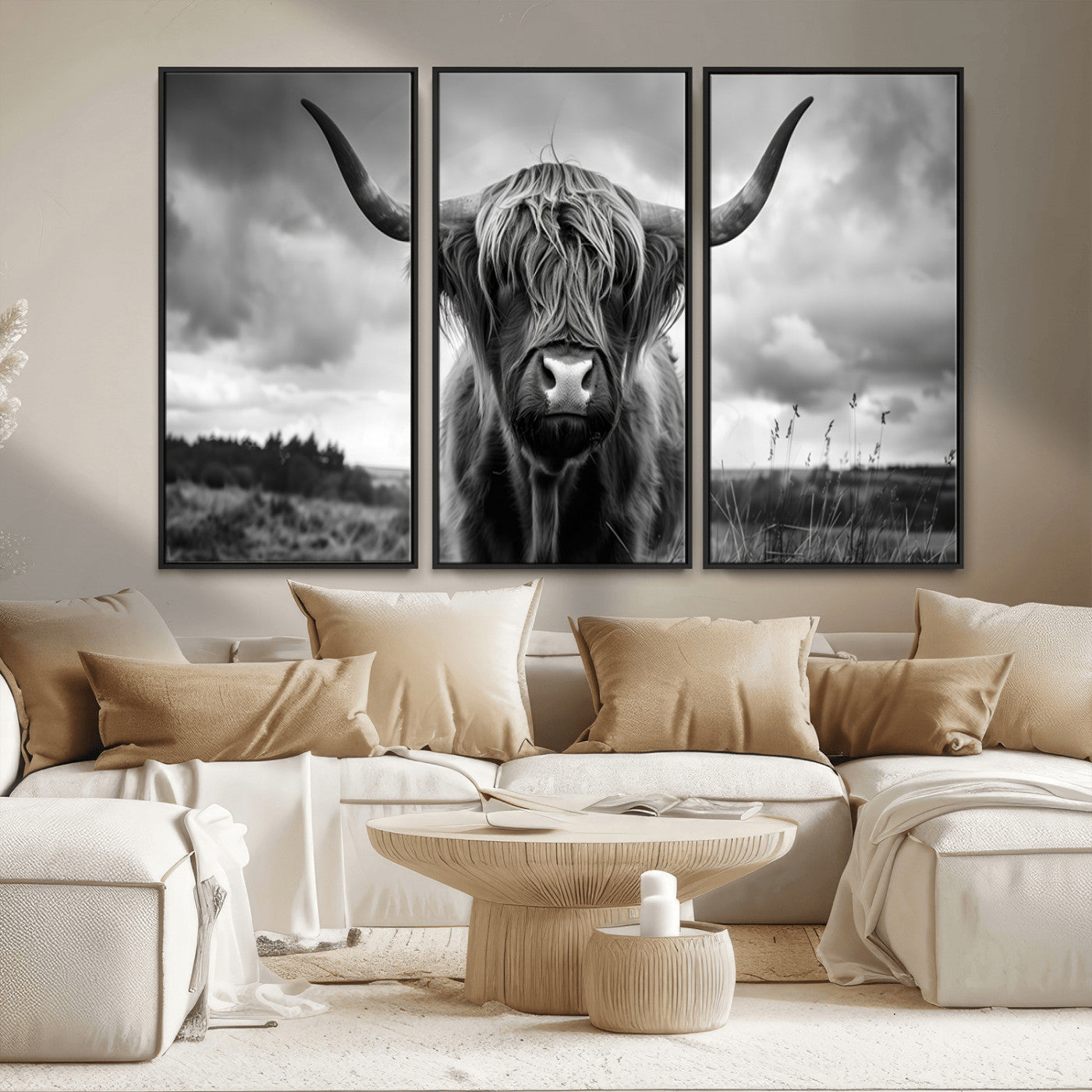 17924-MGV-CV-36X24-Highland Cow Wall Art – Black and White Rustic Longhorn Cattle Canvas Print, Farmhouse Animal Photography Decor for Country Home