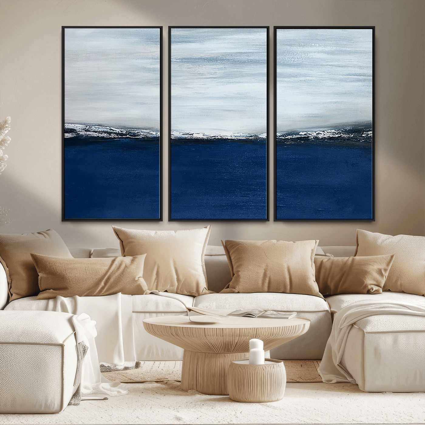 62197-MGV-CV-36X24-Abstract Ocean Wall Art – Minimalist Blue and White Canvas Print, Modern Coastal Seascape Painting for Bedroom, Living Room or