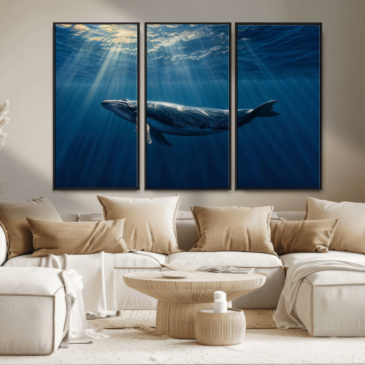 18052-MGV-CV-36X24-Whale Wall Art – Majestic Ocean Canvas Print Marine Life Underwater Sunlight Scene, Nautical Coastal Decor for Living Room,