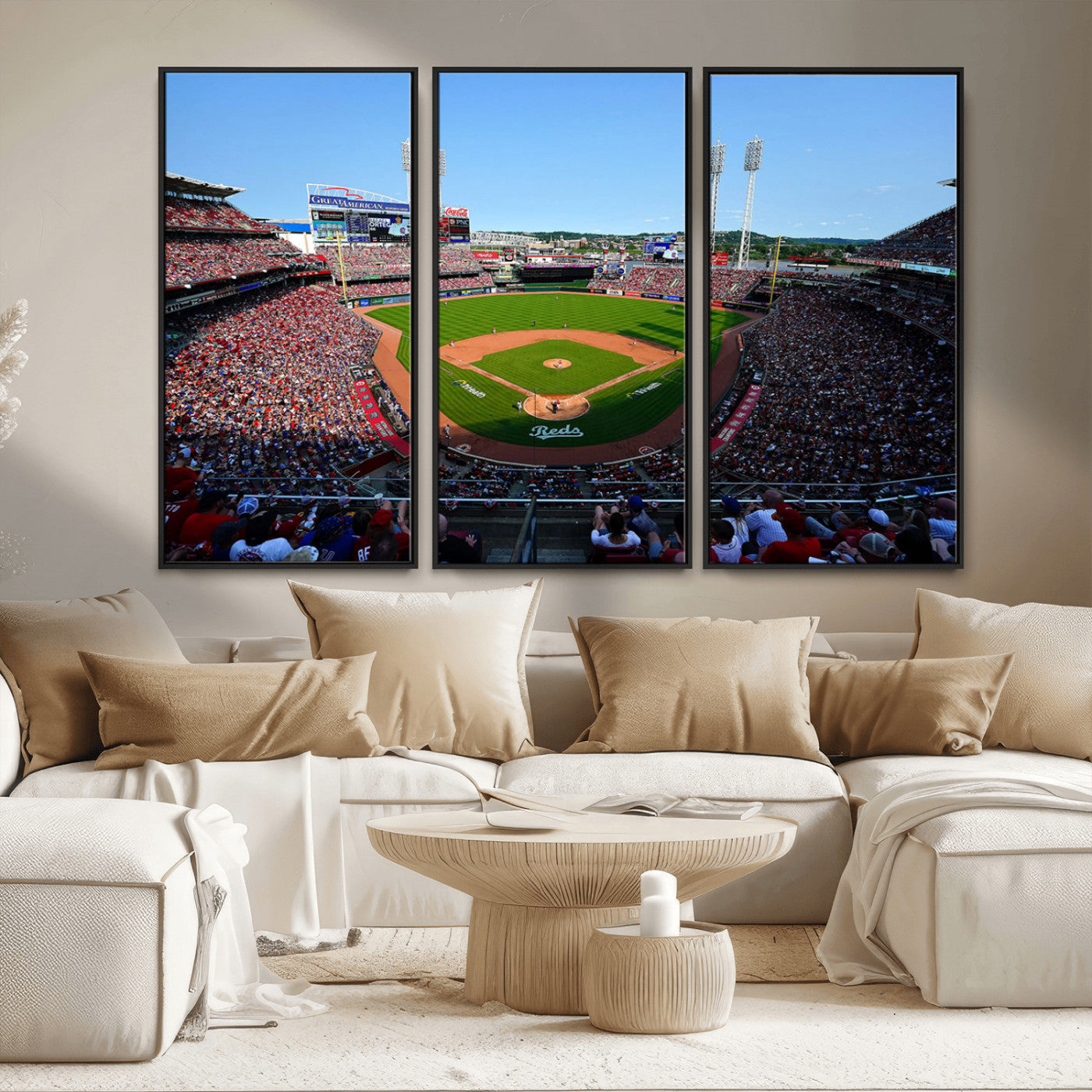 90998-MGV-FC-48X32-3P_Black-Baseball Stadium Wall Art – Canvas Print Day Game Field Packed Crowd Bright Blue Sky Sports Photography, Classic Decor for Game