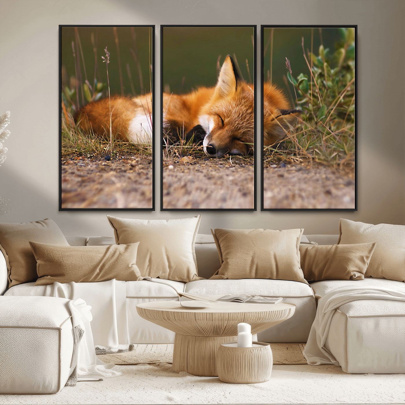 25085-MGV-FC-48X32-3P_Black-Sleeping Fox Wall Art Canvas Print, Framed Rustic Fox Art Picture Print, Wildlife Animal Perfect Rustic Farmhouse Decor Artwork