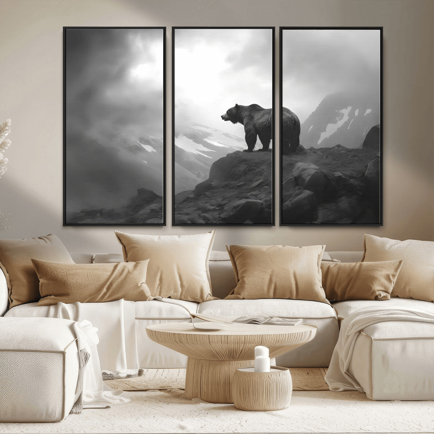 49504-MGV-CV-36X24-Black and White Grizzly Bear Wall Art – Wilderness Wildlife Painting, Rustic Mountain Cabin Decor, Monochrome Animal Print for