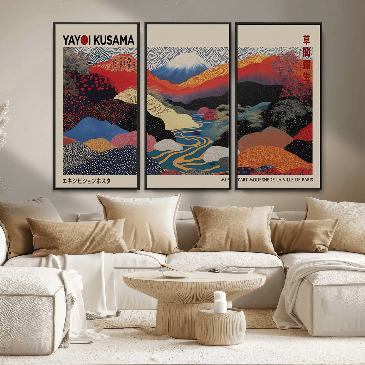 27188-MGV-FC-48X32-3P_Black-Yayoi Kusama Wall Art – Panoramic Abstract Landscape Canvas Print, Vibrant Modern Decor for Living Room, Bedroom, Office, or Art