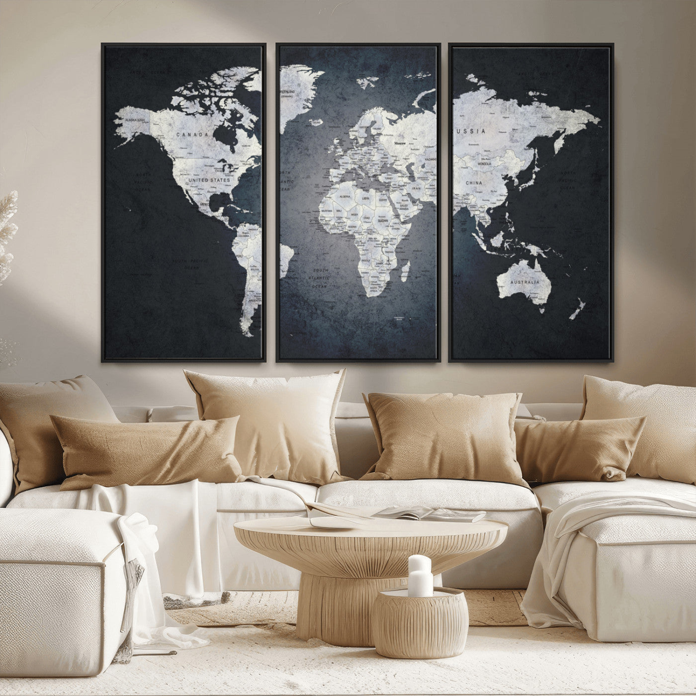 19124-MGV-FC-48X32-3P_Black-Modern World Map Wall Art – Black and White Canvas Print, Minimalist Global Map Decor for Office, Study, Bedroom or Living Room