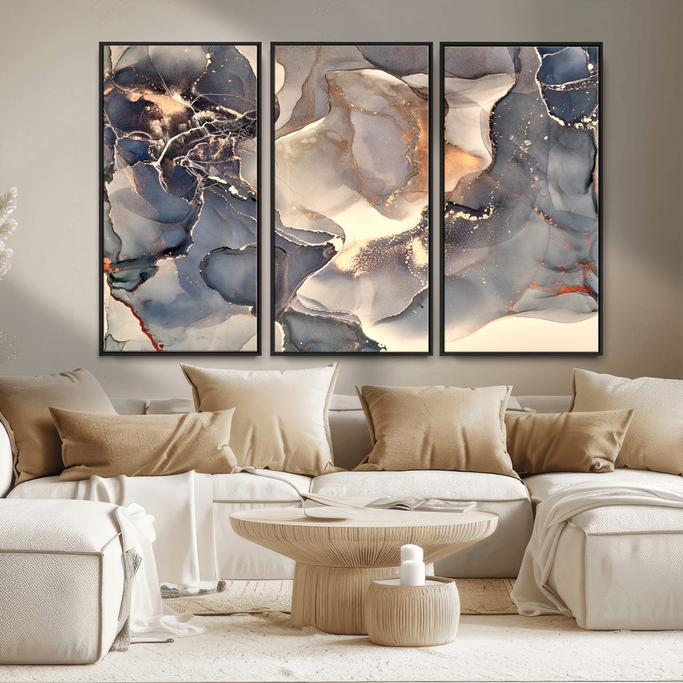 18202-MGV-CV-36X24-Abstract Neutral Wall Art – Blue, Beige and Gold Fluid Ink Canvas Print, Modern Minimalist Painting for Living Room, Office