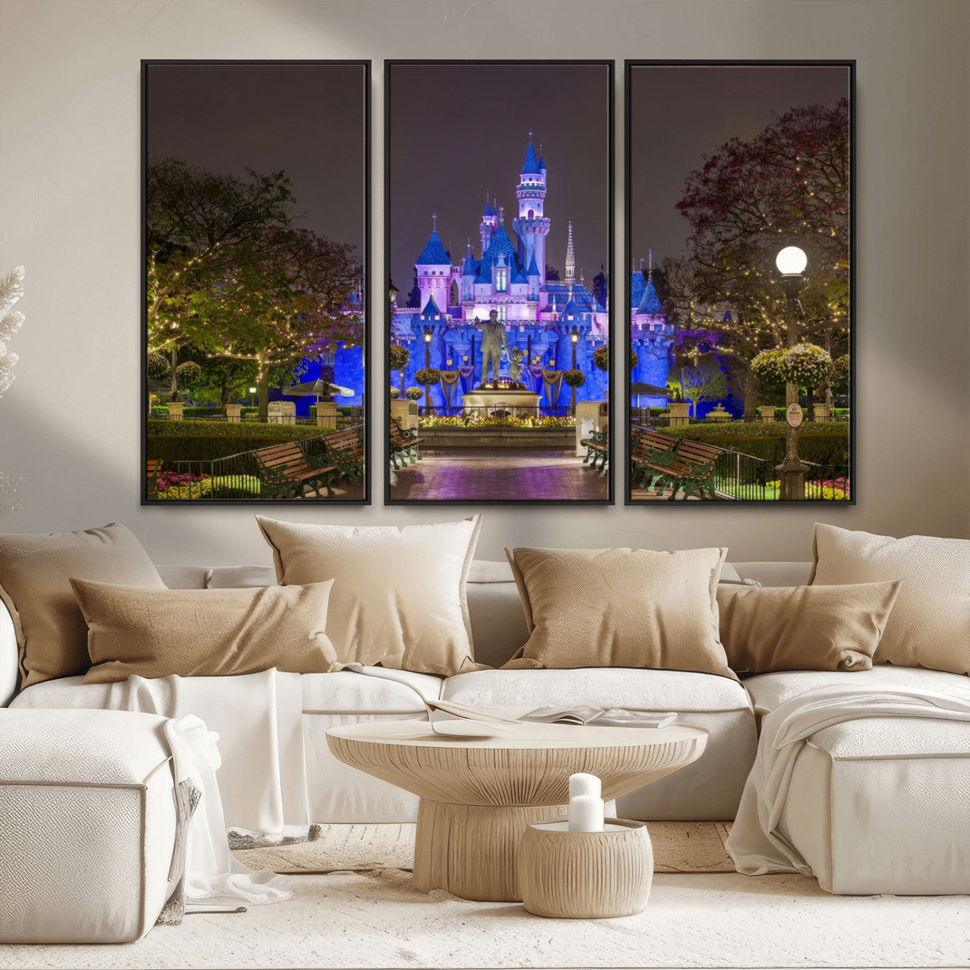 63560-MGV-FC-48X32-3P_Black-Fairy Tale Castle Wall Art – Magical Night Scene Canvas Print with Lights and Gardens, Fantasy Architecture Artwork for Living