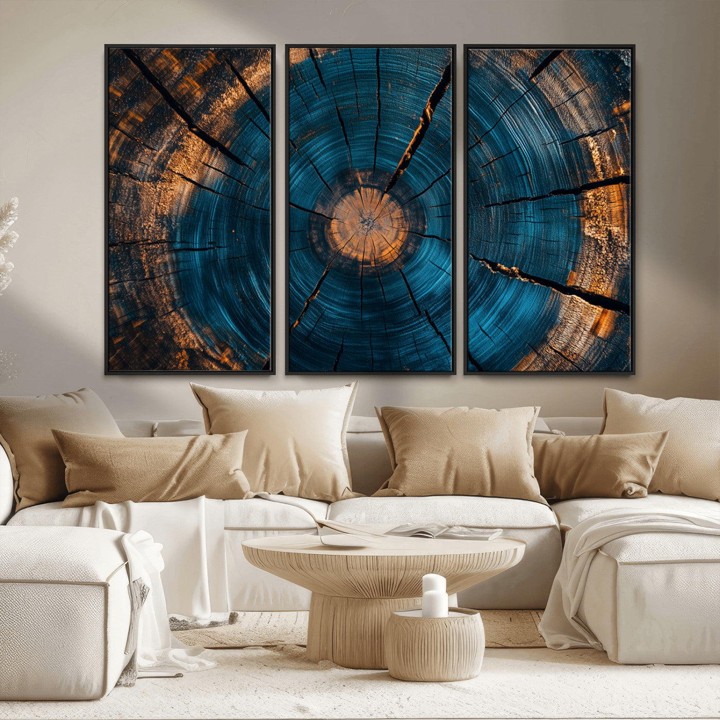 13398-MGV-CV-36X24-Tree Ring Wall Art – Abstract Wood Grain Canvas Print with Blue and Orange Accents, Rustic Nature Inspired Artwork for Living