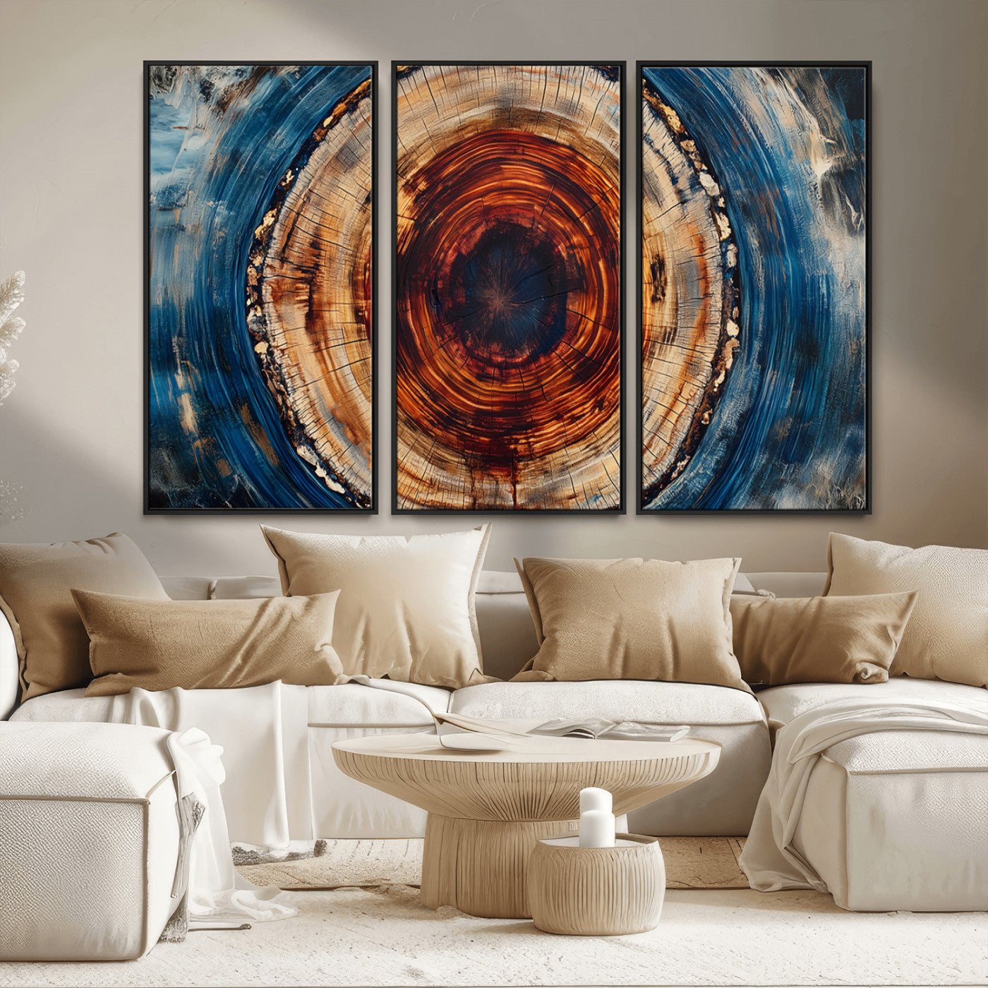 90395-MGV-FC-48X32-3P_Black-Tree Ring Wall Art – Abstract Wood Grain Canvas Print with Fiery Red and Blue Tones, Bold Rustic Nature Inspired Artwork Decor for