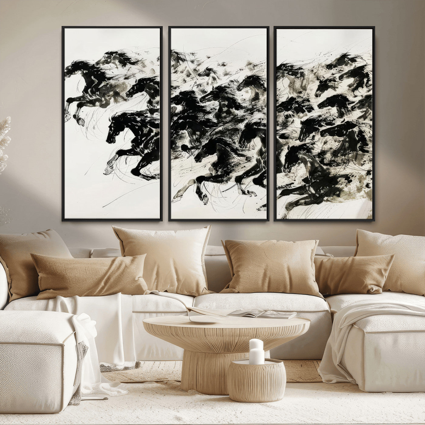 23069-MGV-FC-48X32-3P_Black-Galloping Horses Wall Art – Black Ink Painting on Canvas, Dynamic Equestrian Artwork with Running Stallions, Expressive Modern