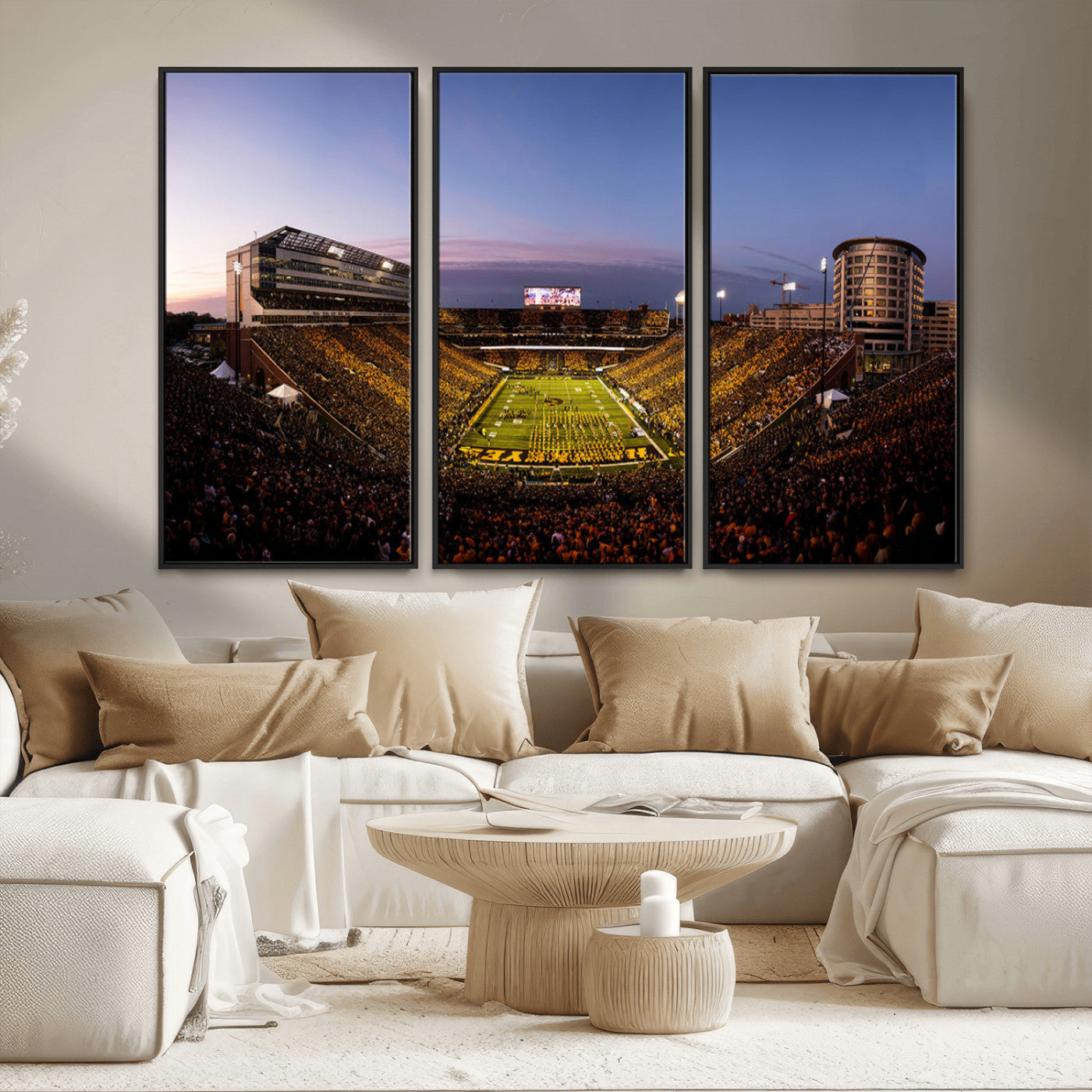82557-MGV-FC-48X32-3P_Black-College Football Stadium Wall Art – Panoramic Sunset Canvas Print with Marching Band and Game Day Crowd, Sports Artwork for Man