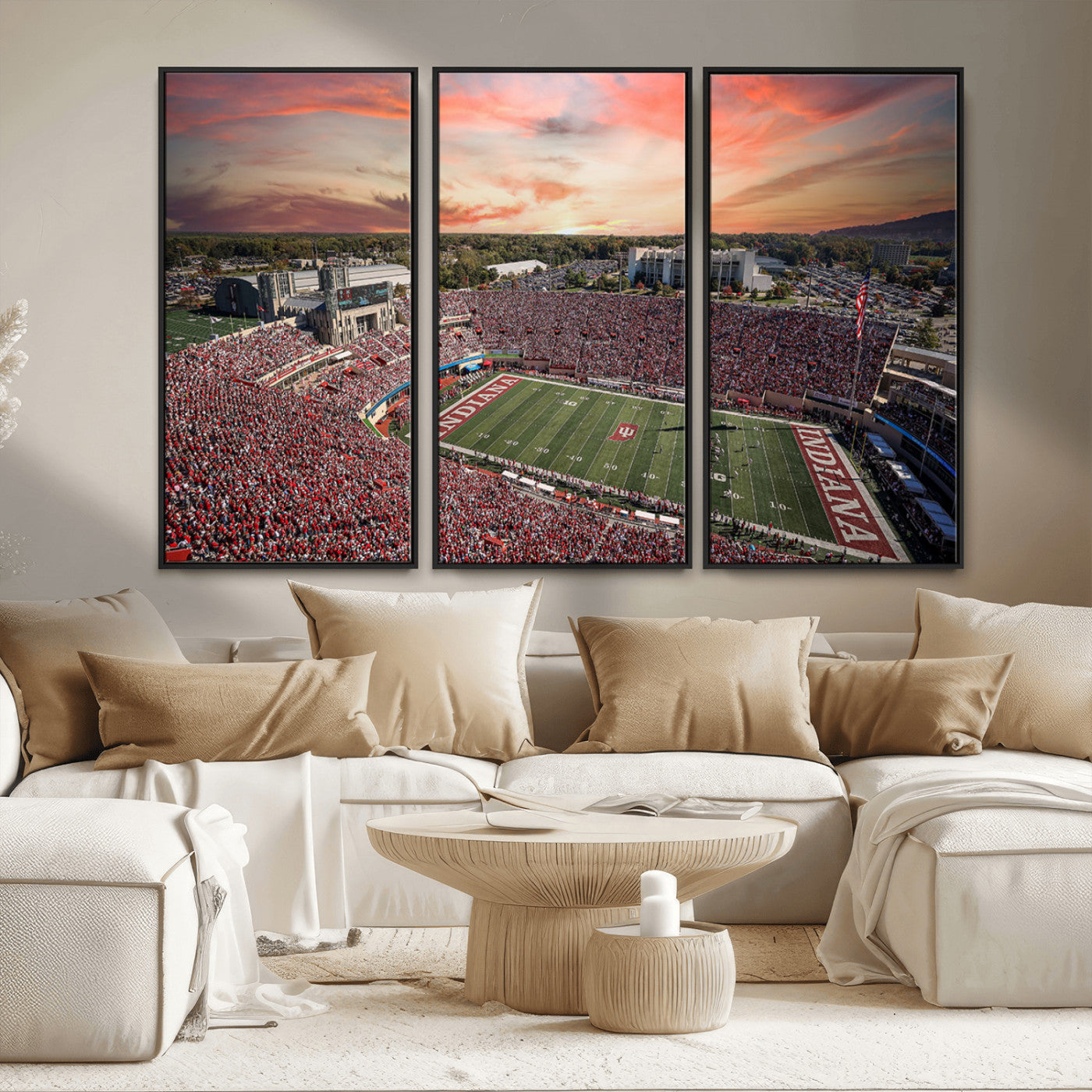 51135-MGV-CV-36X24-Indiana Hoosiers Stadium Wall Art – Panoramic Football Canvas Print with Game Day Crowd and Sunset Sky, Sports Artwork for Man