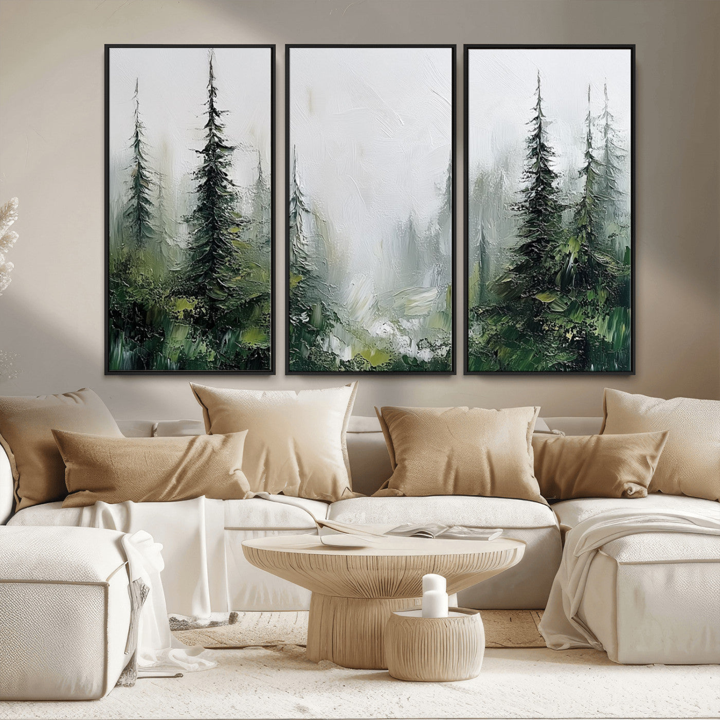 76014-MGV-FC-48X32-3P_Black-Forest Wall Art – Textured Canvas Print Featuring Misty Evergreen Pines and Woodland Landscape, Rustic Nature Artwork for Living