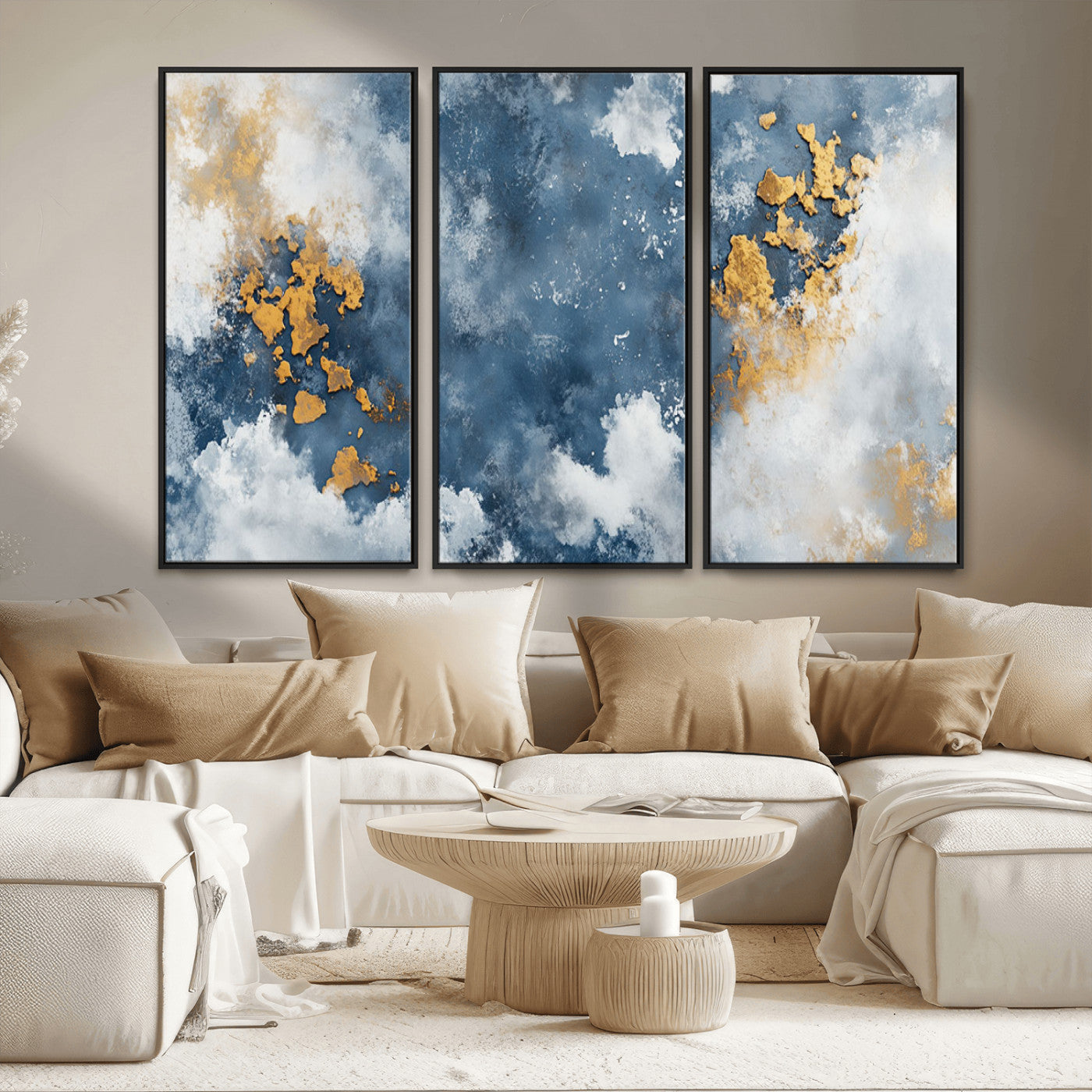 39575-MGV-FC-48X32-3P_Black-Blue and Gold Abstract Wall Art – Modern Canvas Print Featuring Cloudy Textures with Metallic Accents, Contemporary Artwork for