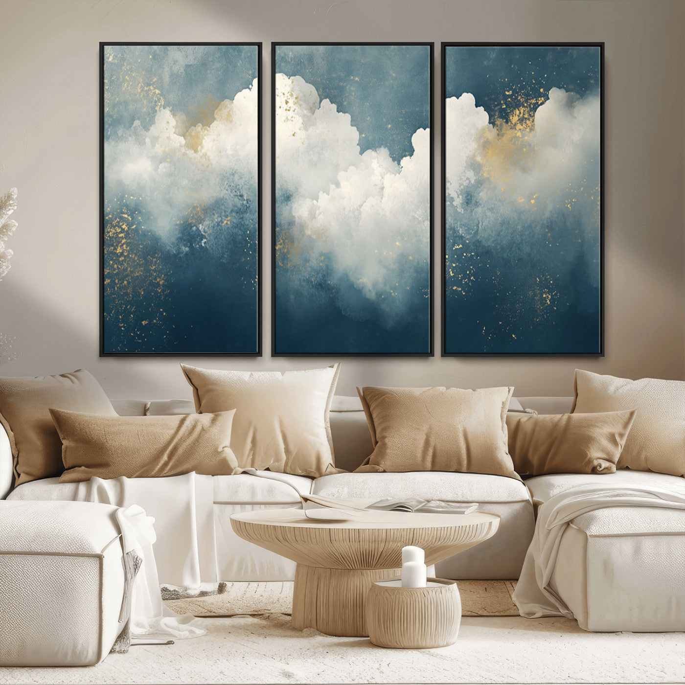 75131-MGV-CV-36X24-Abstract Cloud Wall Art – Modern Canvas Print Featuring Blue and White Clouds with Golden Accents, Contemporary Artwork for Living